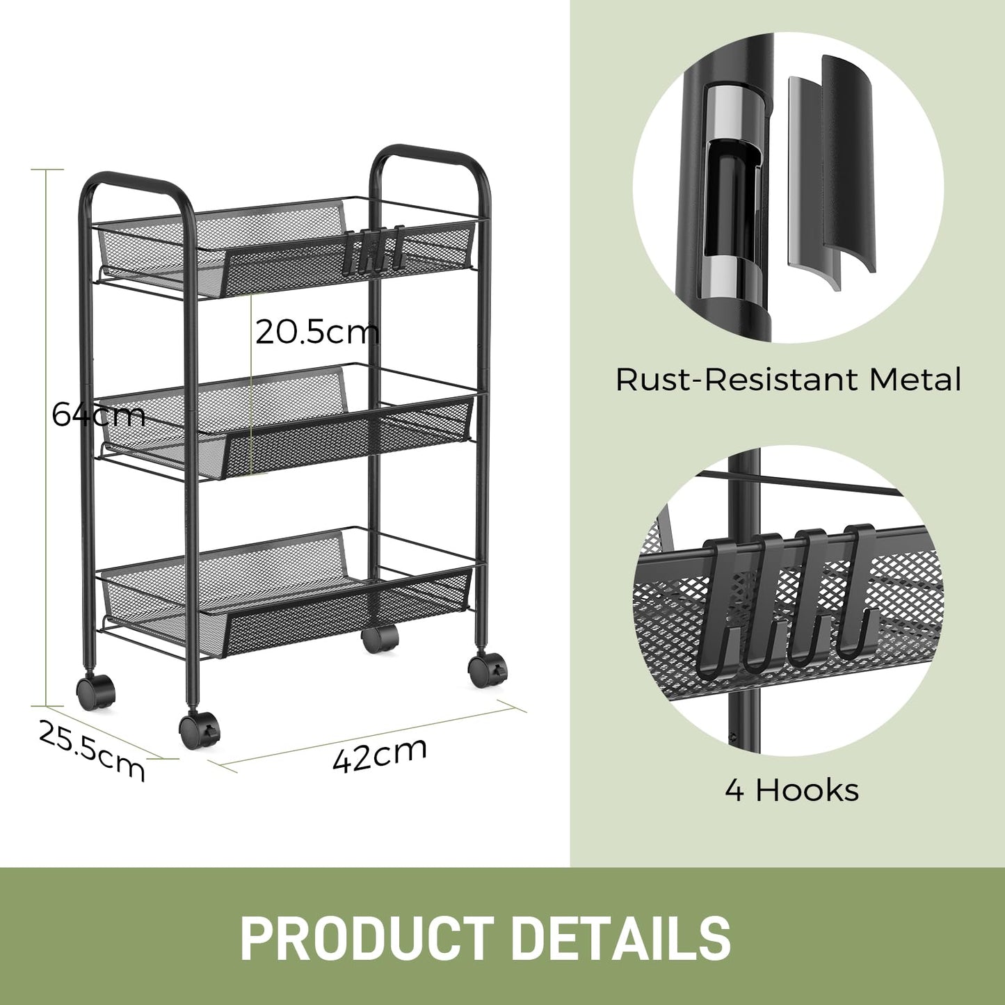 WELDUN 3-Tier Storage Trolley, Meatl Rolling Cart, Mesh Storage Cart Black