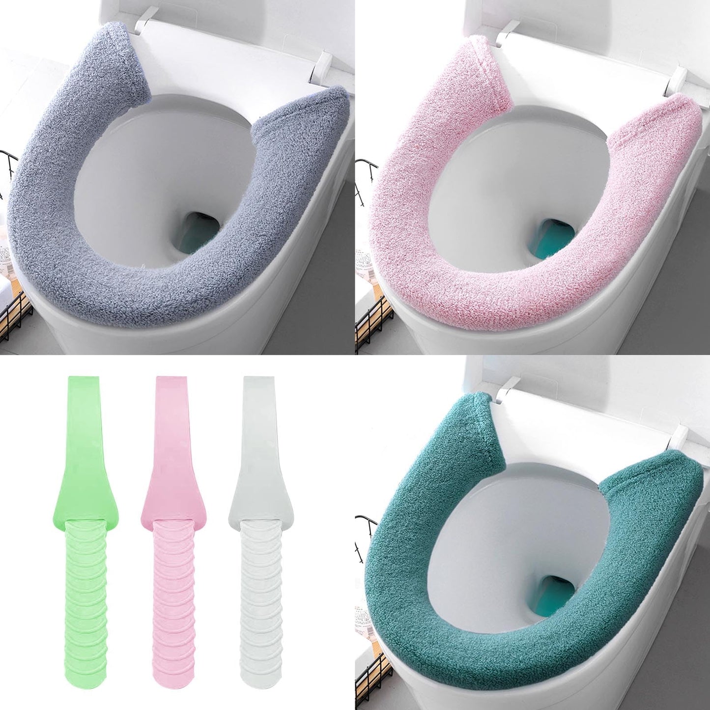 AYNKH 3PCS Soft Thicker Toilet Seat Warmer with Handles, Button Style Universal Cushion Plush Cover Closestool Pads