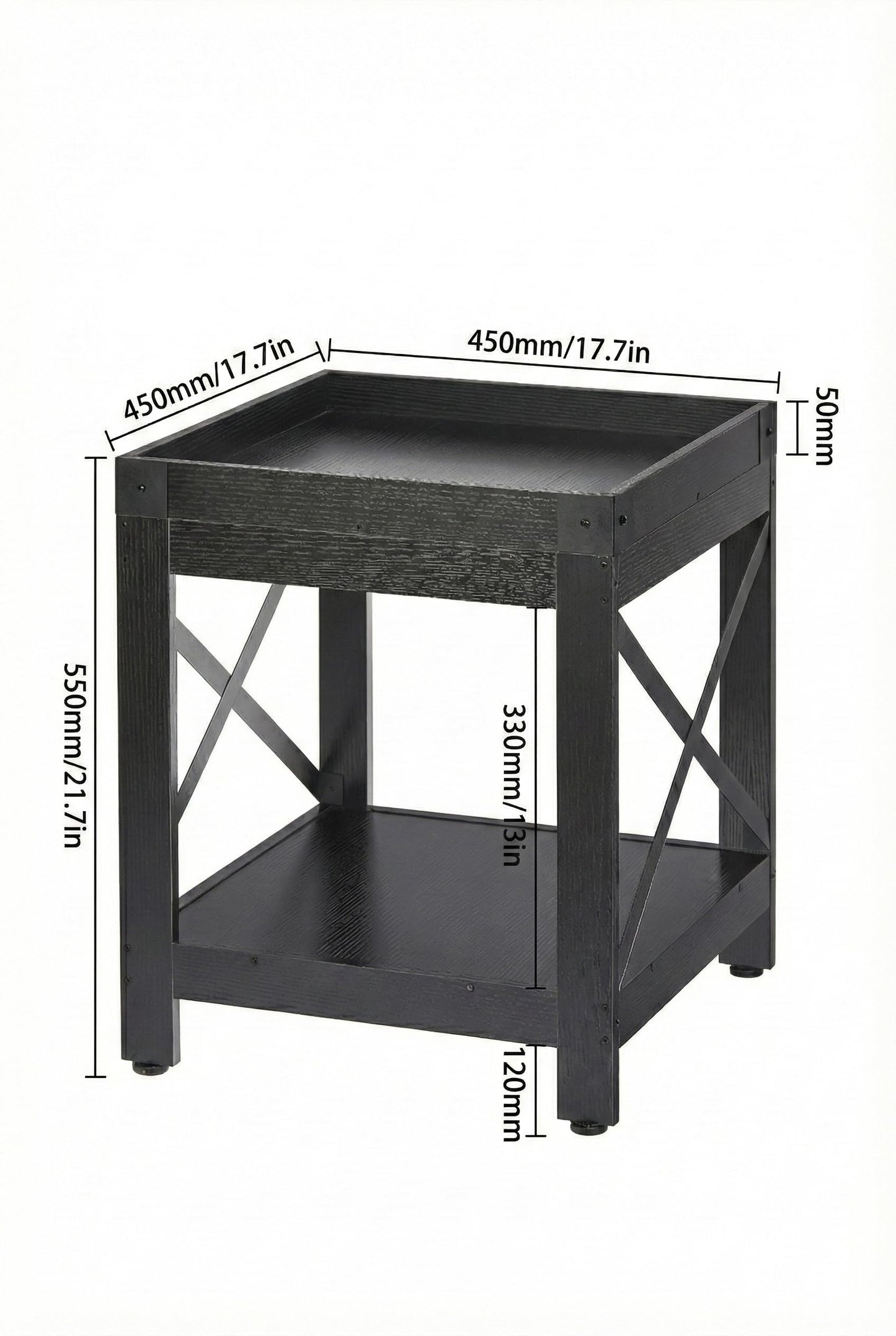 Farmhouse Square Side Table with Open Storage Shelves, Large End Table Modern Sofa Table with X-Metal Frame