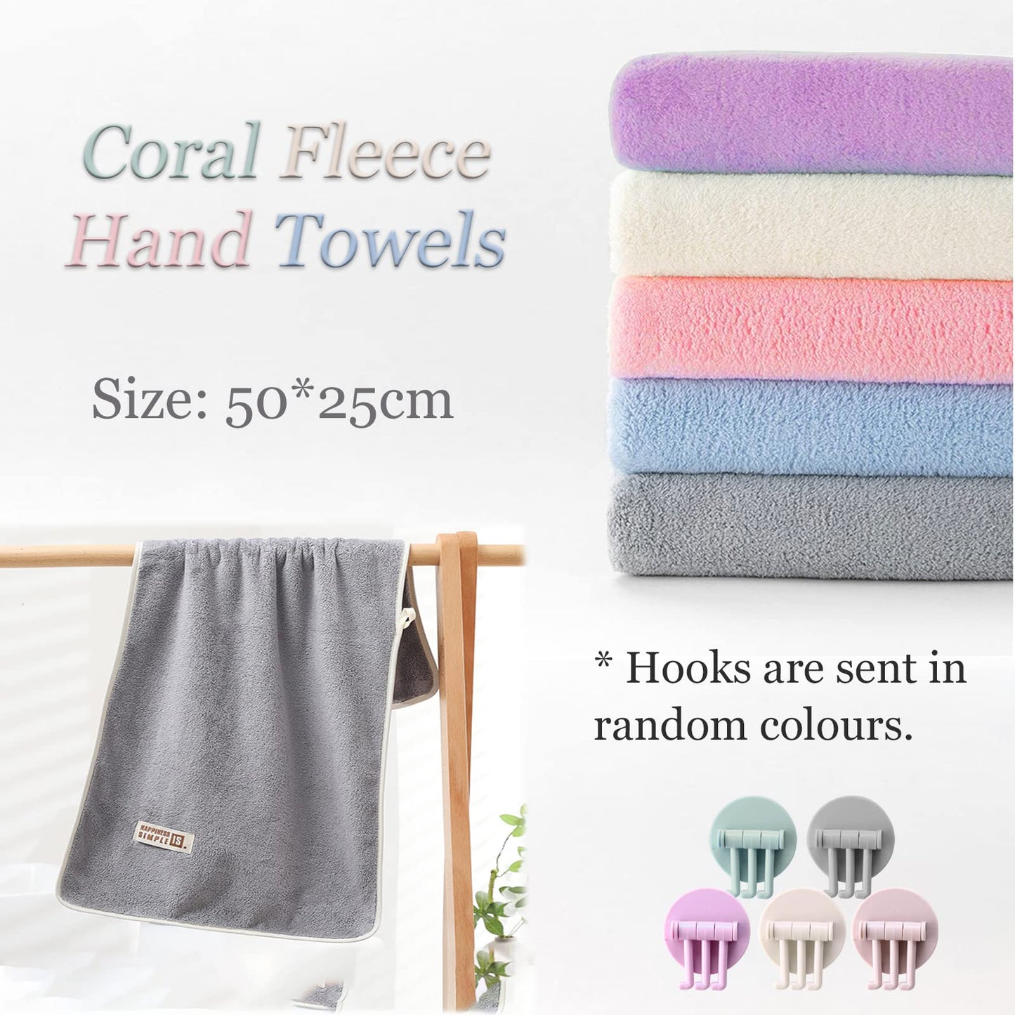 Ailelan Coral Fleece Small Hand Towels, 5 Towel Hooks 50x25CM Quick Dry