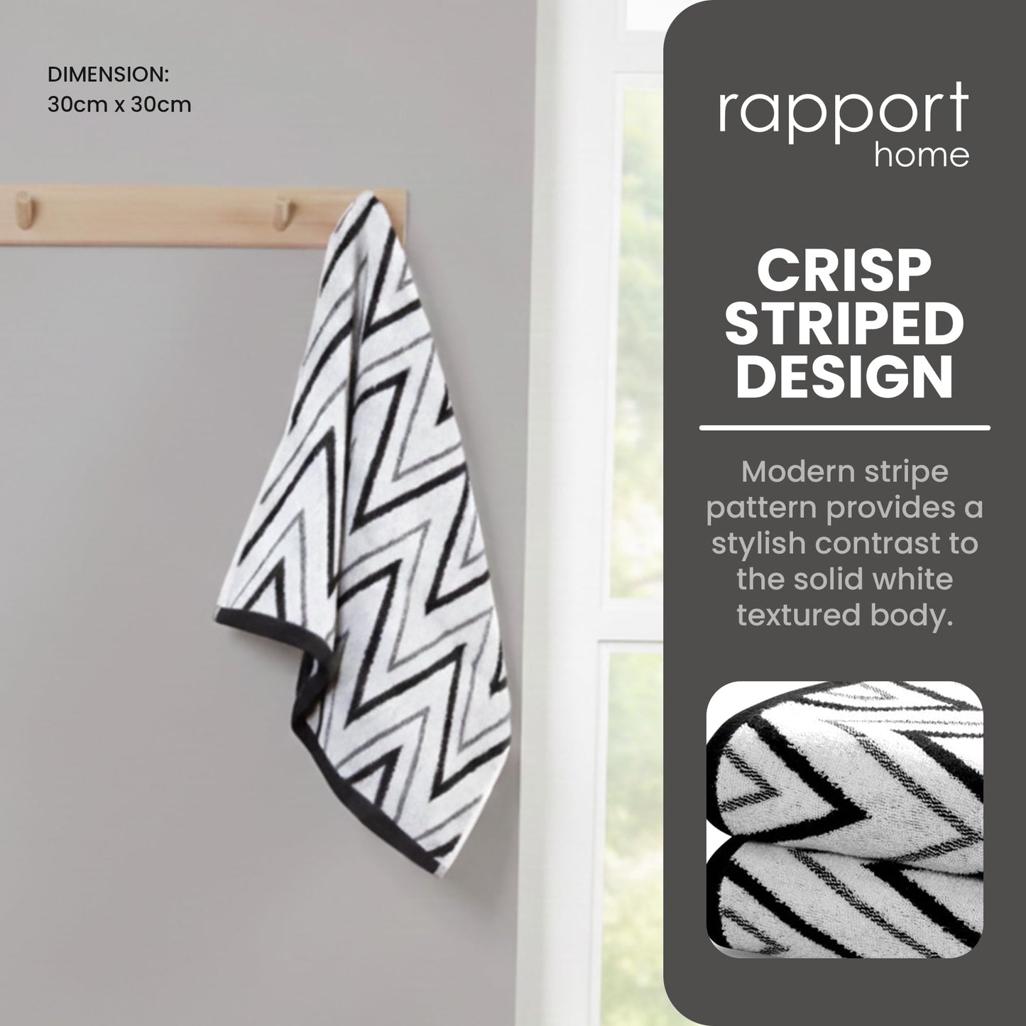 Rapport Home Helix Face Towels 2 Pack, 30x30cm 100% Cotton - Mono Black