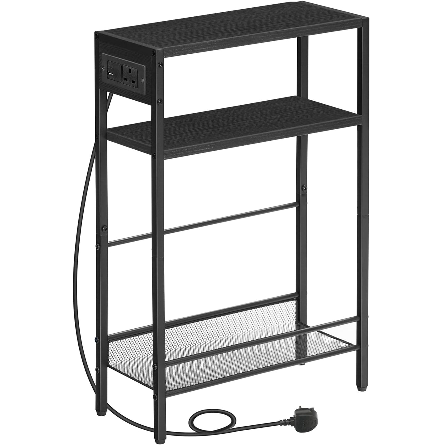 HOOBRO Slim Side Table with Charging Station, Narrow Bedside Table for Small Spaces, 3-Tier End Table with USB & Type-C Ports, Black EBB102KBZ01