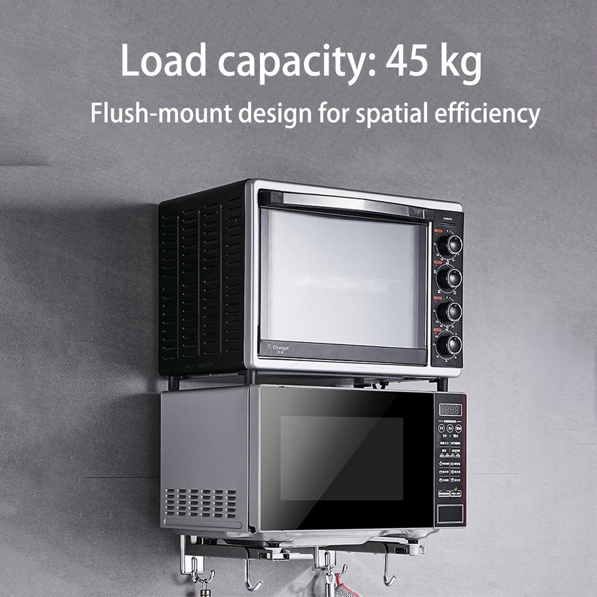 VZLYMTV Microwave Shelf Wall Mount Made of Stainless Steel - Space-Saving Wall Mounting with Double Hooks for Kitchen Organisation