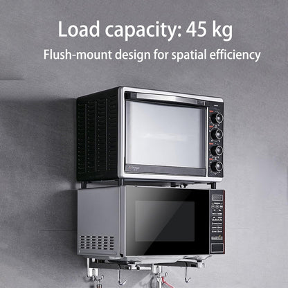 VZLYMTV Microwave Shelf Wall Mount Made of Stainless Steel - Space-Saving Wall Mounting with Double Hooks for Kitchen Organisation