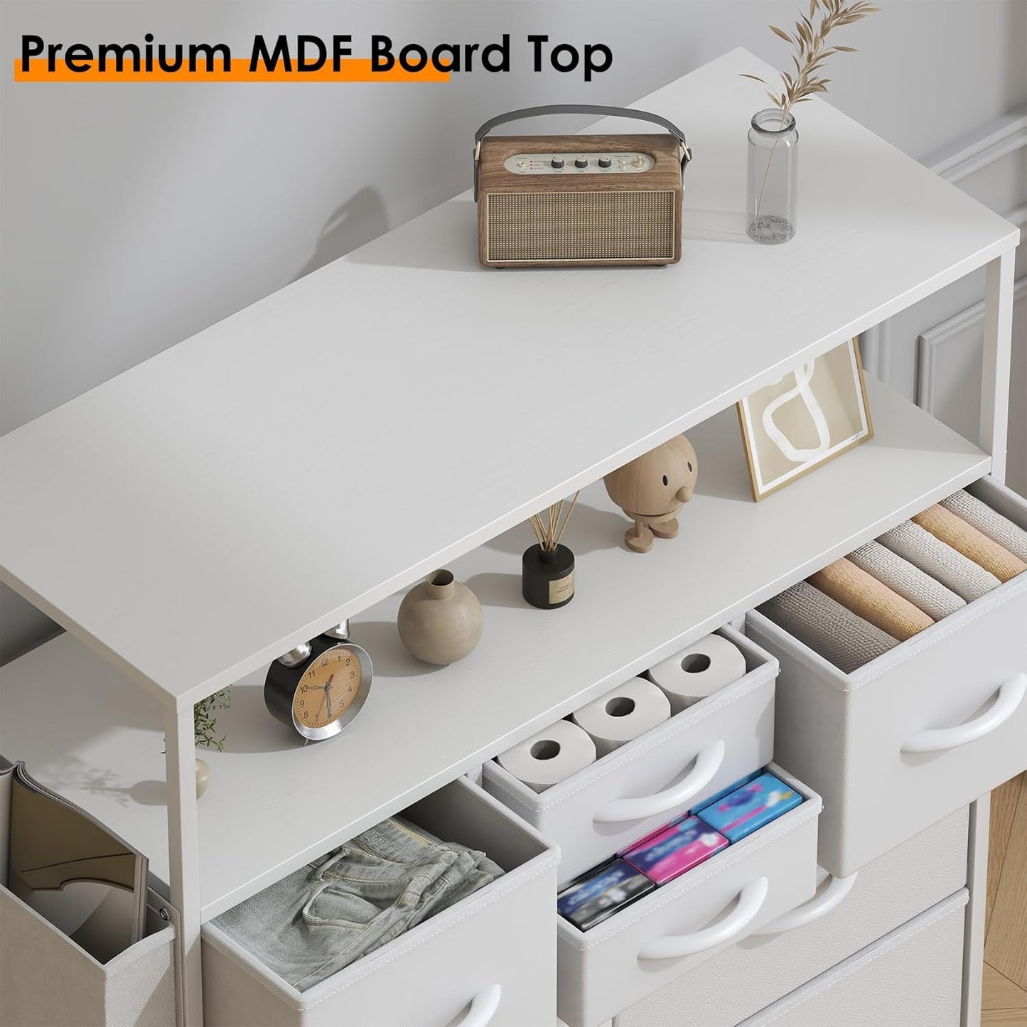Feonase Chest of Drawers Bedroom, 8 Drawer Fabric Dresser with Wood Top, Open Storage Shelf, 3 Side Pockets & Metal Frame