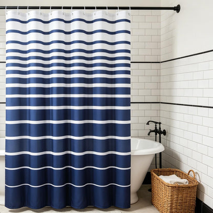 Blue and White Striped Shower Curtain with Hooks for Bathroom - Waterproof Polyester Fabric Shower Curtains, Anti-Cling Weighted Hem
