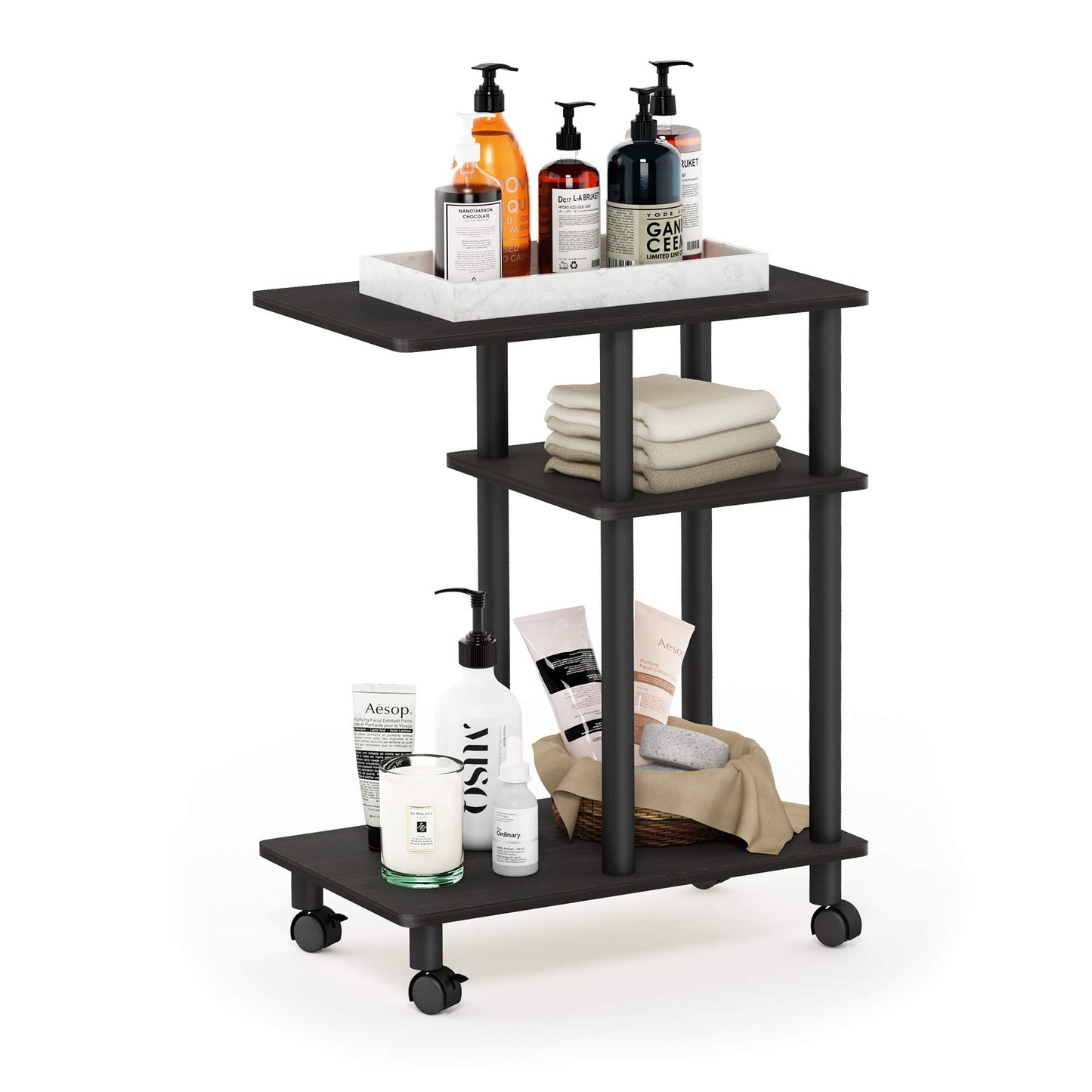 Furinno TURN-N-TUBE Side Table, 3-Tier C-Shape End Table with Wheels, Toolless Assembly Night Stand, Bedside Table with Open Shelf, for Living Room