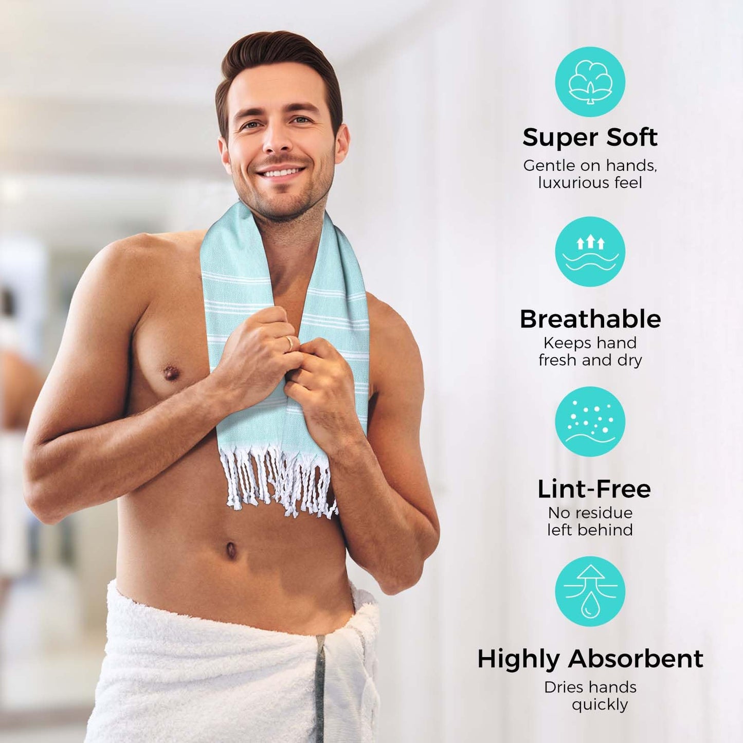 Ouxiaobai Hand Towels for Bathroom - Pack of 2 Turkish Hand Towels Set, Thin Decorative Tea Towel, 20 * 30 Inch Kitchen Cloth with Tassel (Aqua)