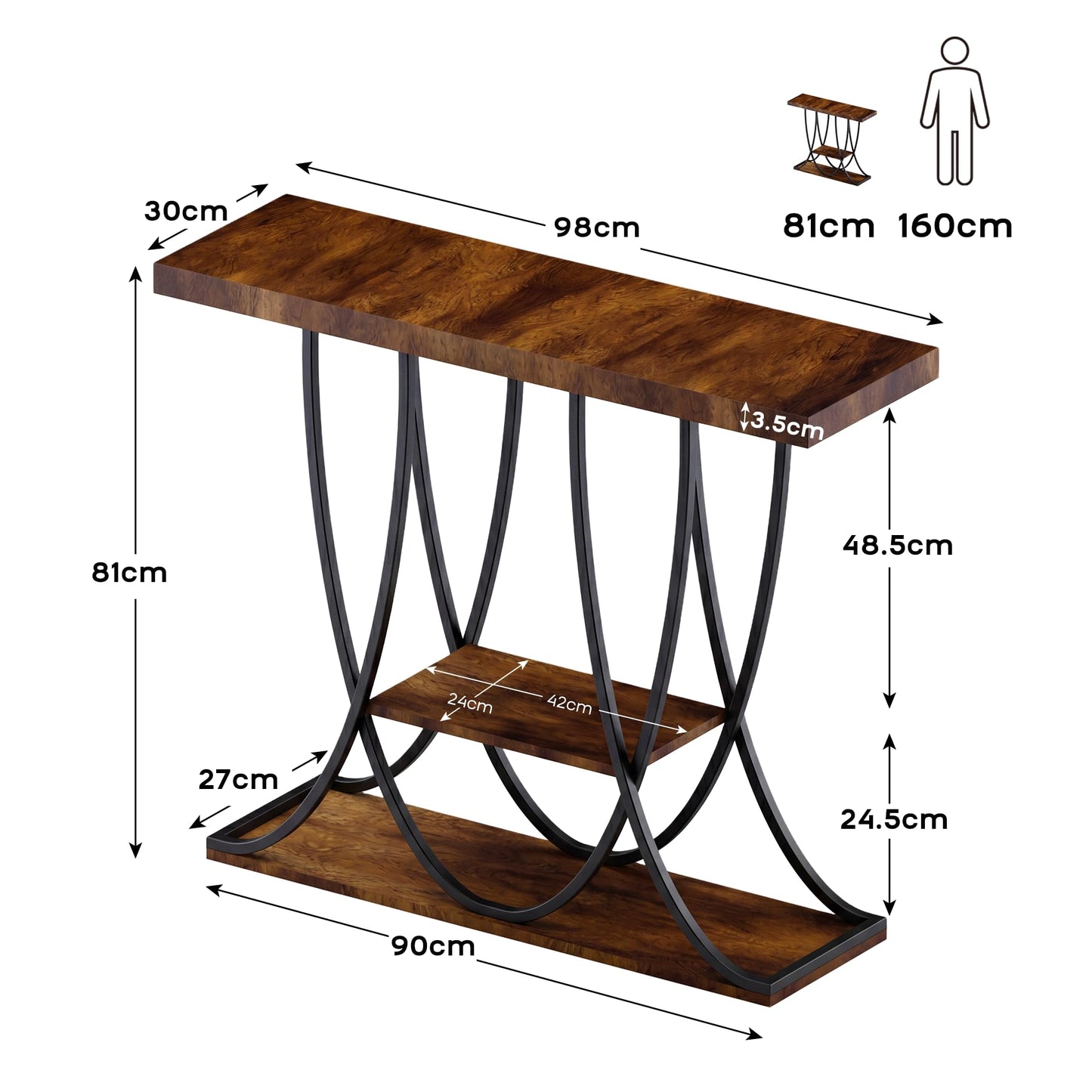 DAWNYIELD 3-Tier Console Table with Curved Metal Frame, Black