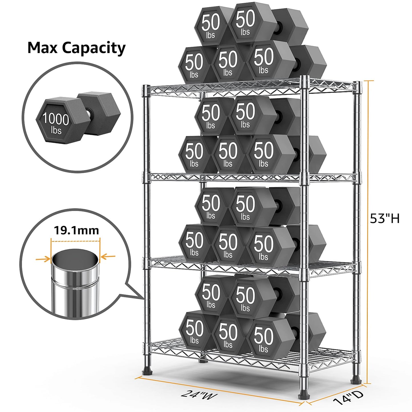 M MZG Height Adjustable Shelves,Heavy Duty Wire Pantry Shelving for Tool Sheds, Garage, and Storehouse,Metal,Chrome 4 tier,35 x 60 x 135.8 cm