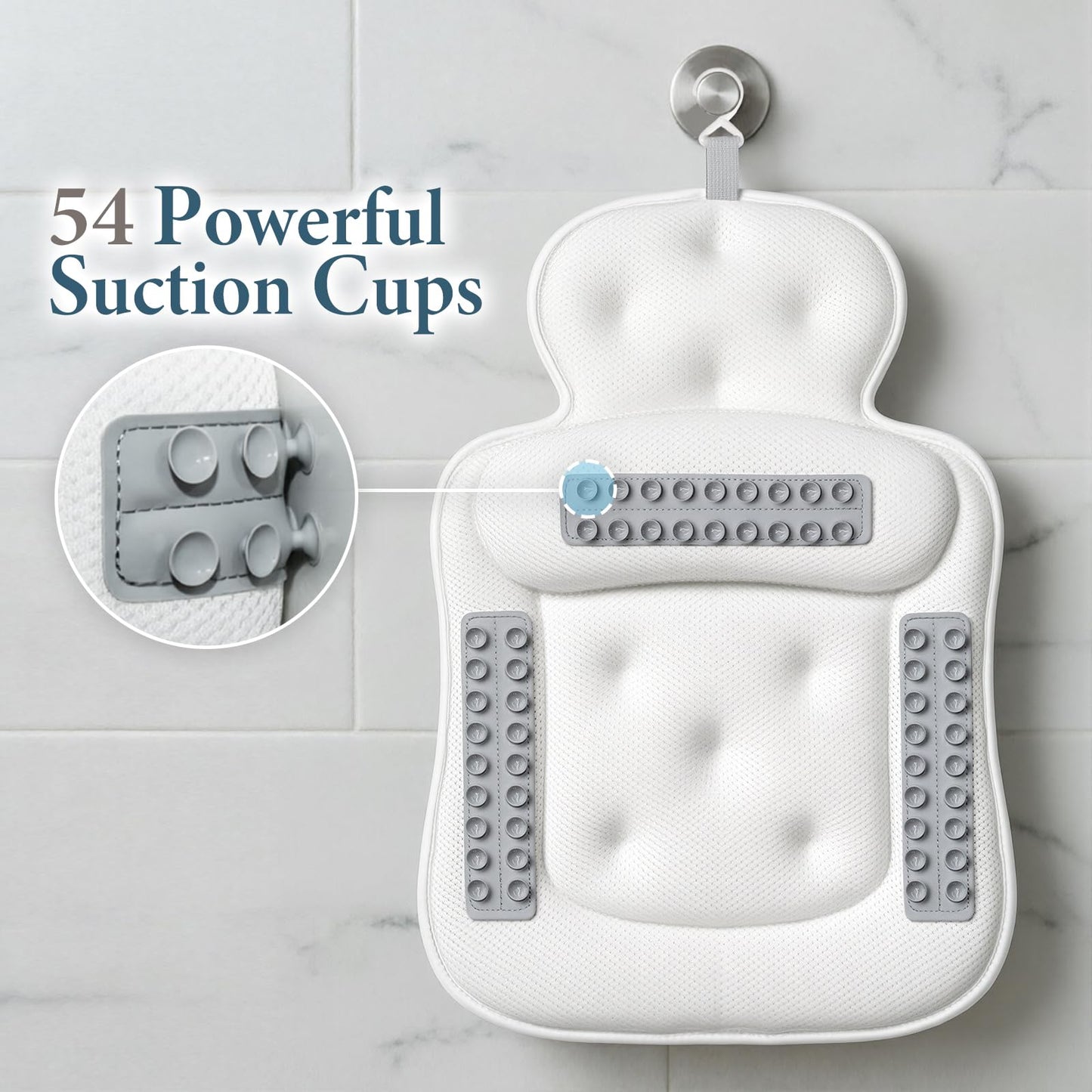 Bath Pillows for Tub, Comfortable Bathtub Cushion for Head and Neck with Soft 3D Mesh Fabric and 54 Non-Slip Suction Cups