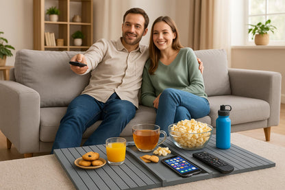 Naturebuz 2-in-1 Wooden Sofa Tray Table with Detachable Tray Bamboo Armrest Table Non-Slip fCups, Remotes, Bottles, Food, Drinks and Phones Grey