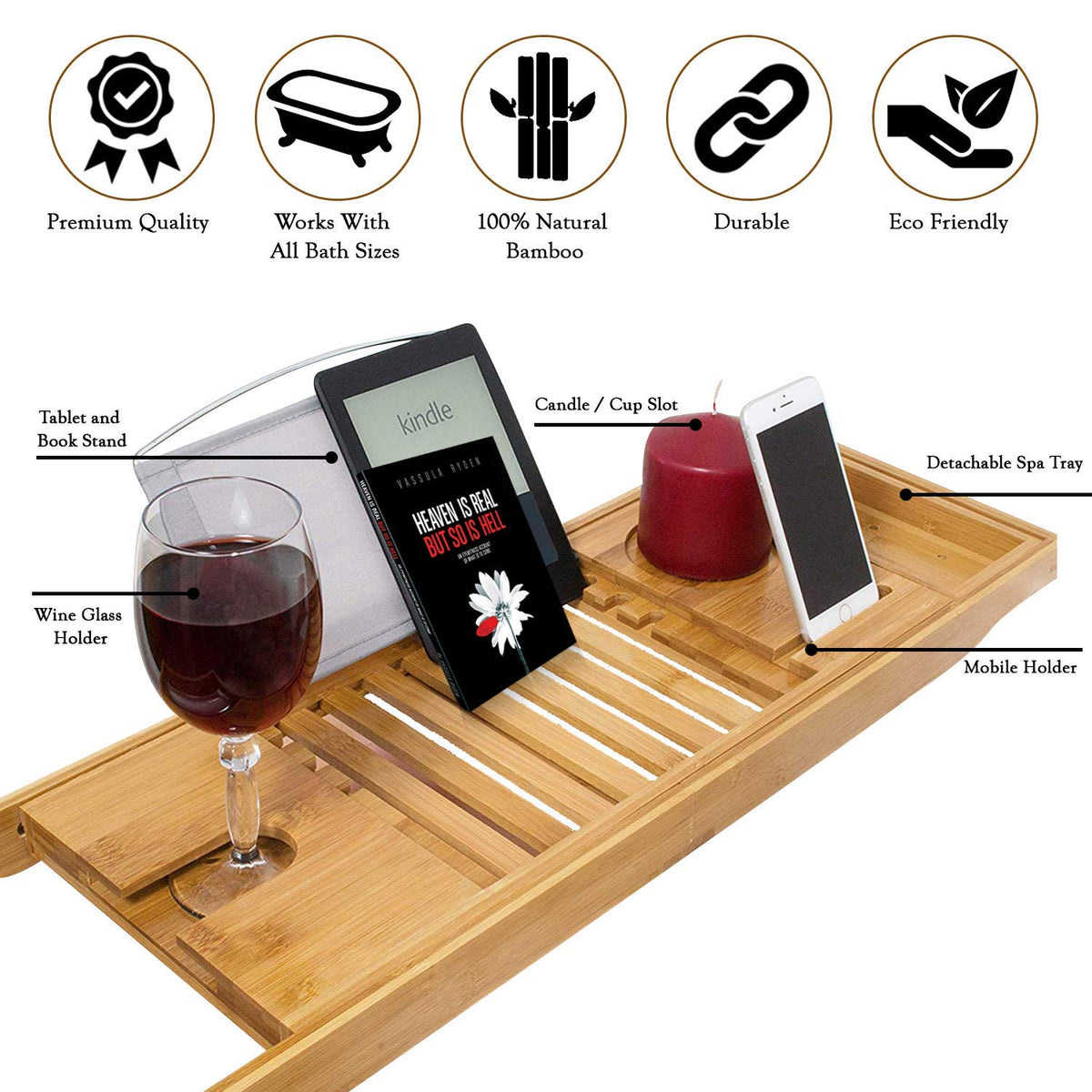 Relux Premium 100% Natural Bamboo Bath Caddy Bridge – Extendable Luxury Book Rest, Wine Glass Holder, Device
