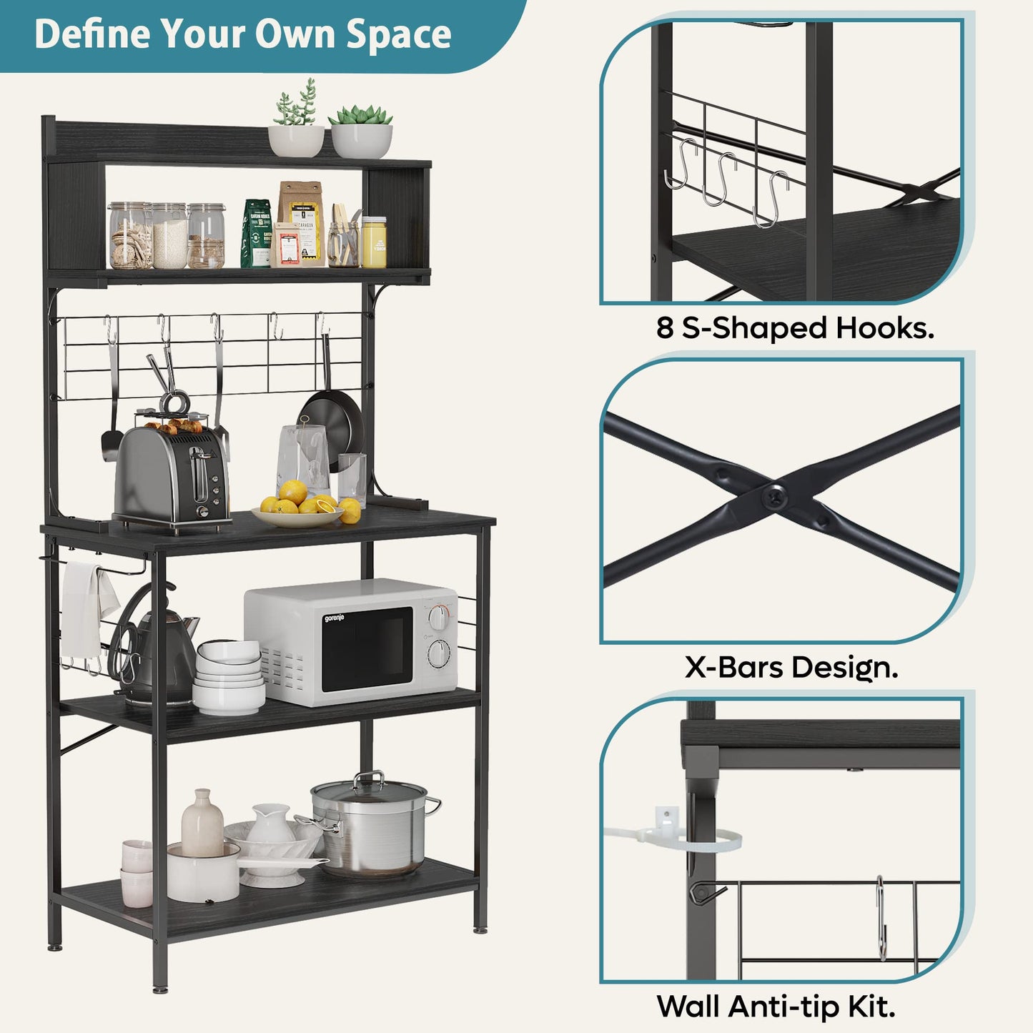 Bestier 80cm Bread Rack & Microwave Rack with 4 Shelves, Multi-functional Coffee Bar Shelf, 8 Side Hooks, Open Shelf Suitable for Kitchens