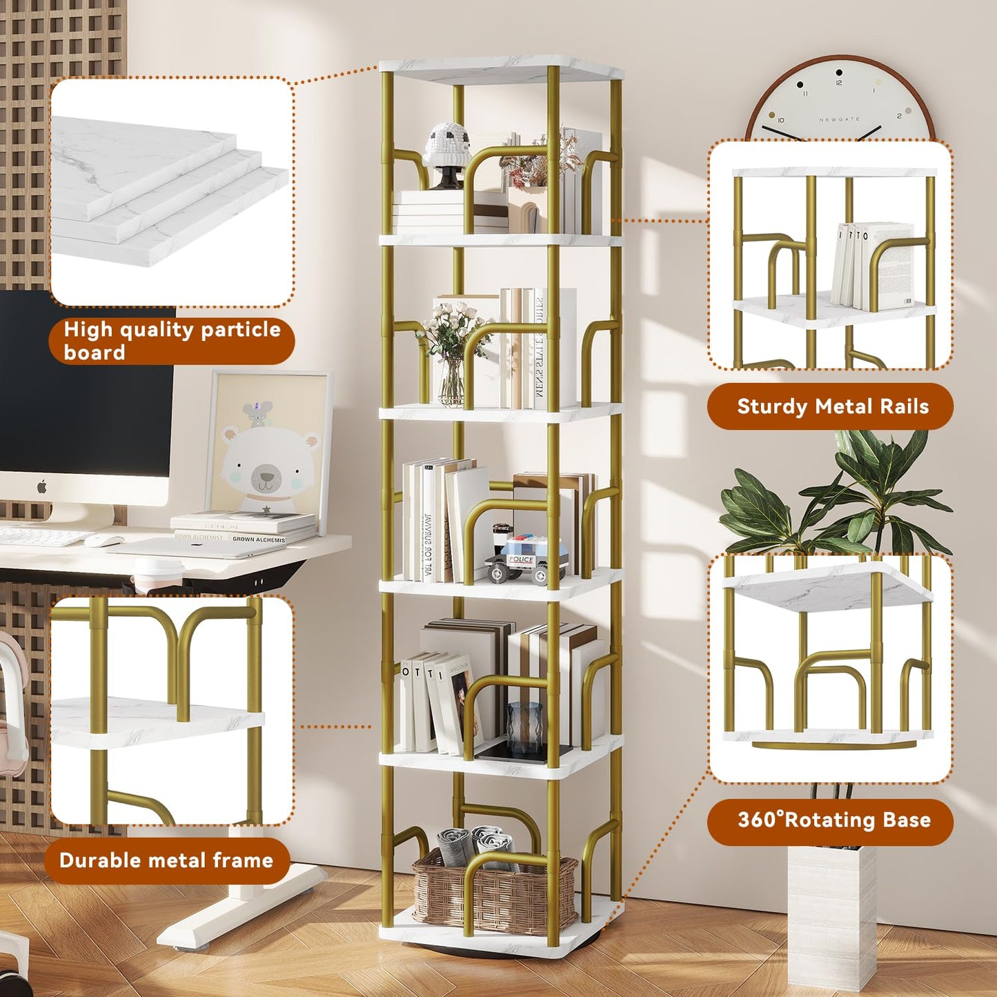 IBUYKE 6 Tier Rotating Bookshelf,Square Bookcases,White TBC005GW