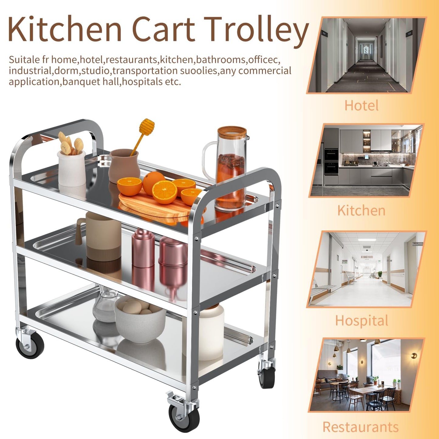 TAIMIKO 3-Tier Stainless Steel Kitchen Trolley Cart Large Serving Trolley