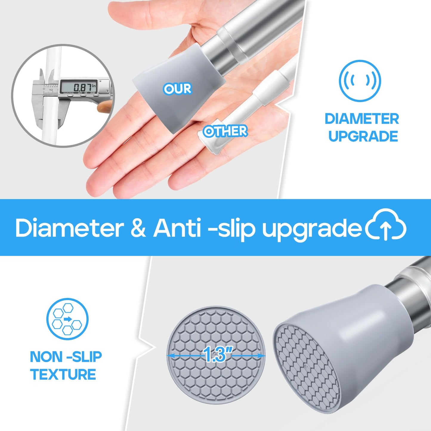 Shower Curtain Rail 70-130cm Extendable Curtain Poles 2pcs, Shower Curtain Pole Silver Tension Rods for Curtains Stainless Steel Tension Rod Shower