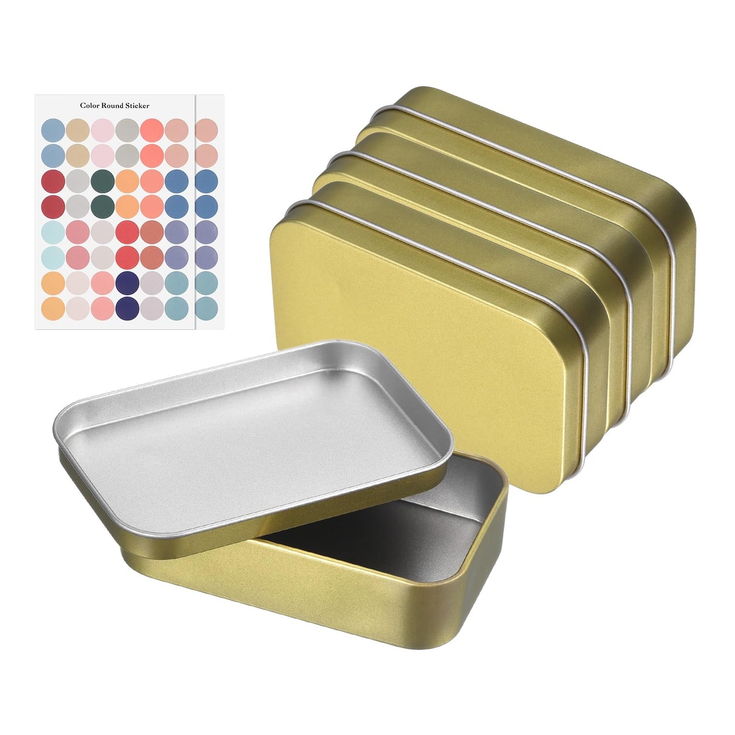 sourcing map 4Pcs Metal Tin Box Container, 3.7x2.4x0.9 Rectangular Empty Box with Self Adhesive Colored Stickers
