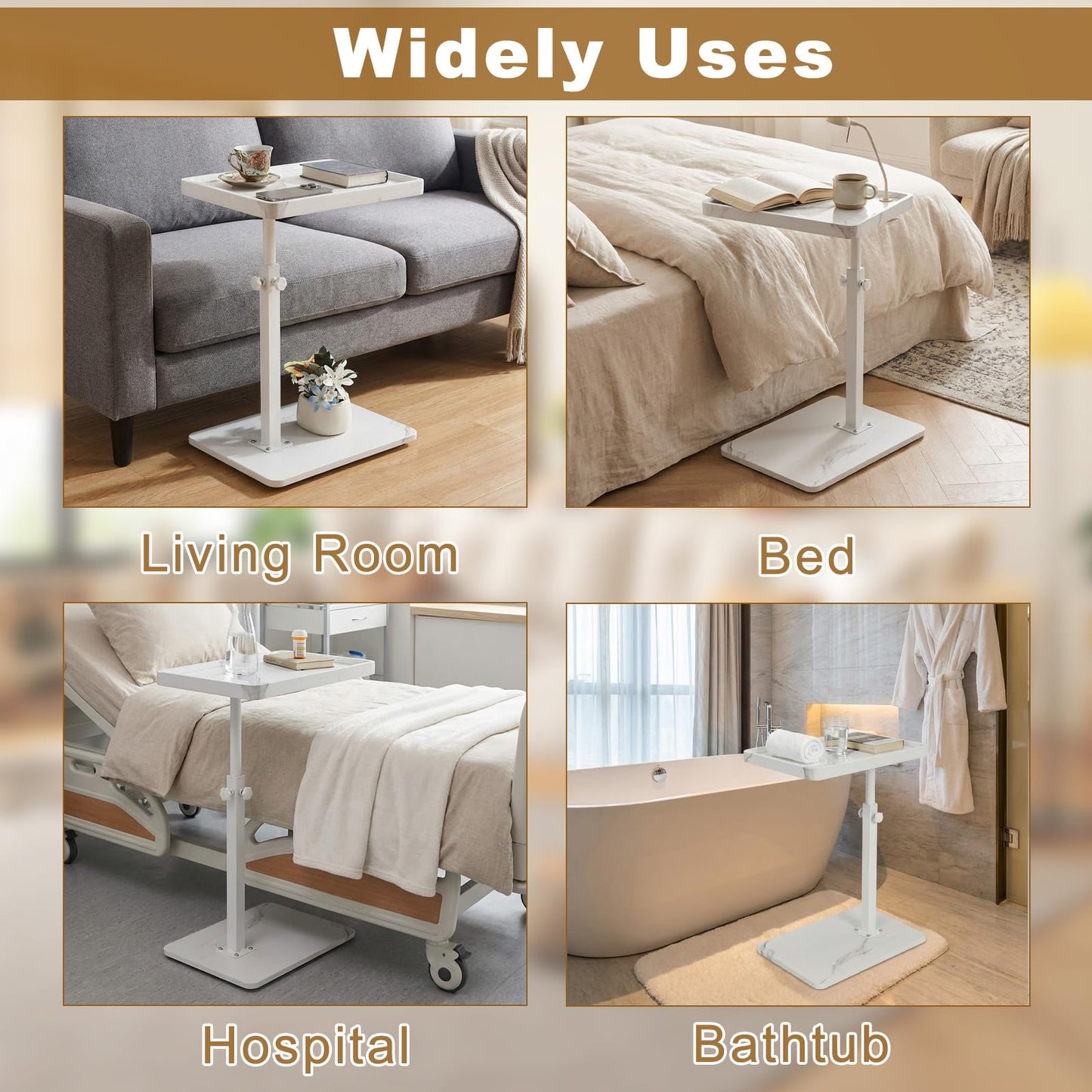 Simcat Adjustable Height C Shaped Side Table With Wheels, 360° Rotated Tray