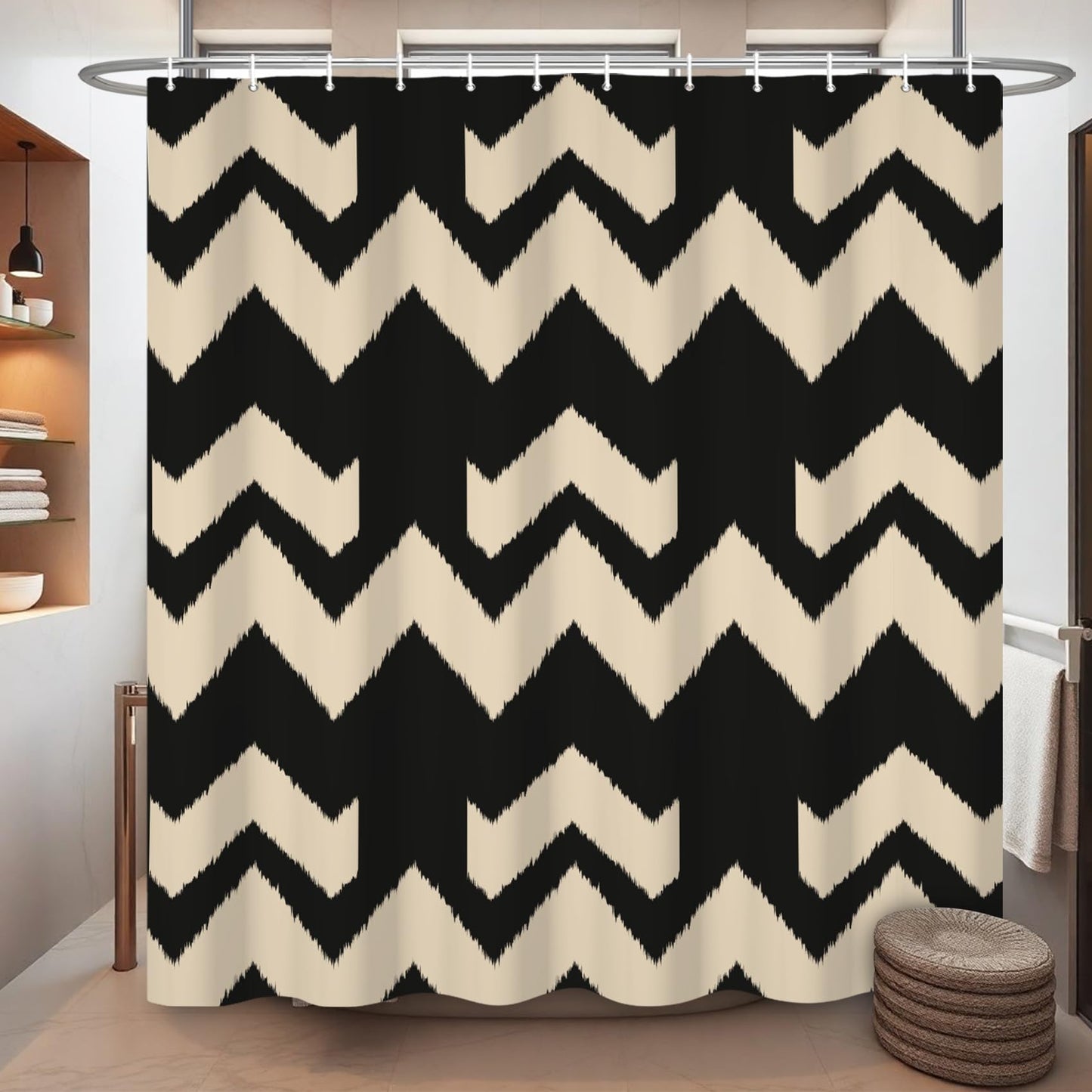 Ttincceer 180x180cm Wavy Striped Shower Curtain Abstract Boho Beige Funky Aesthetic Bathroom Decorative with Hooks Water Resistent Washable Bathtub