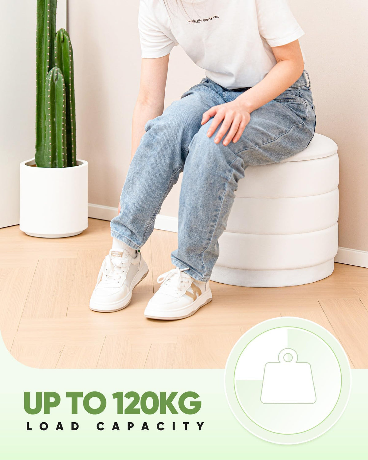 Bonlife Storage Ottoman Round - Folding Foot Rest with Hidden Storage, Cream Velvet 39x39x37cm for Living Room, Bedroom & Hallway