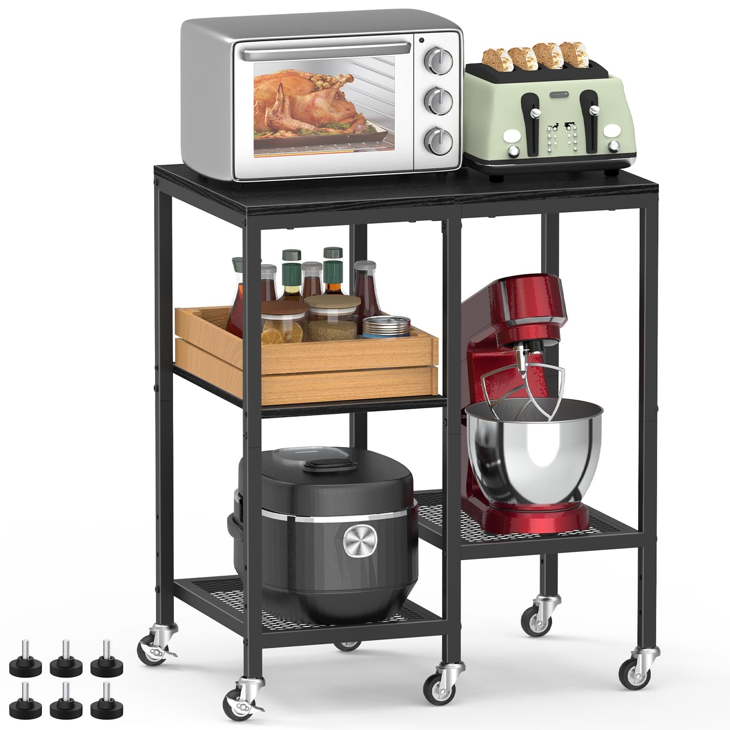 OGEMXU Rolling Kitchen Microwave Cart,4 Tier MicrowaveStand,Black