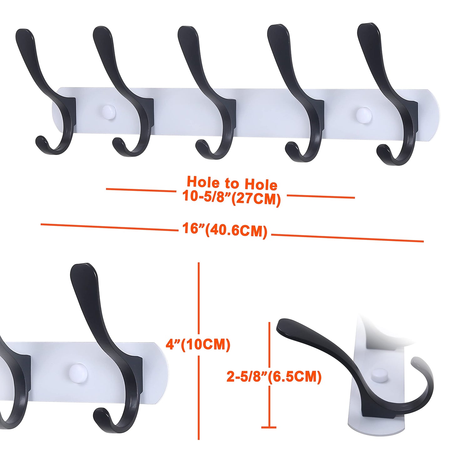 SKOLOO Modern Wall Coat Rack - Metal Mount With 5 Hooks, Sturdy Rail for Hanging Jackets, Clothes, Hats - Black on White