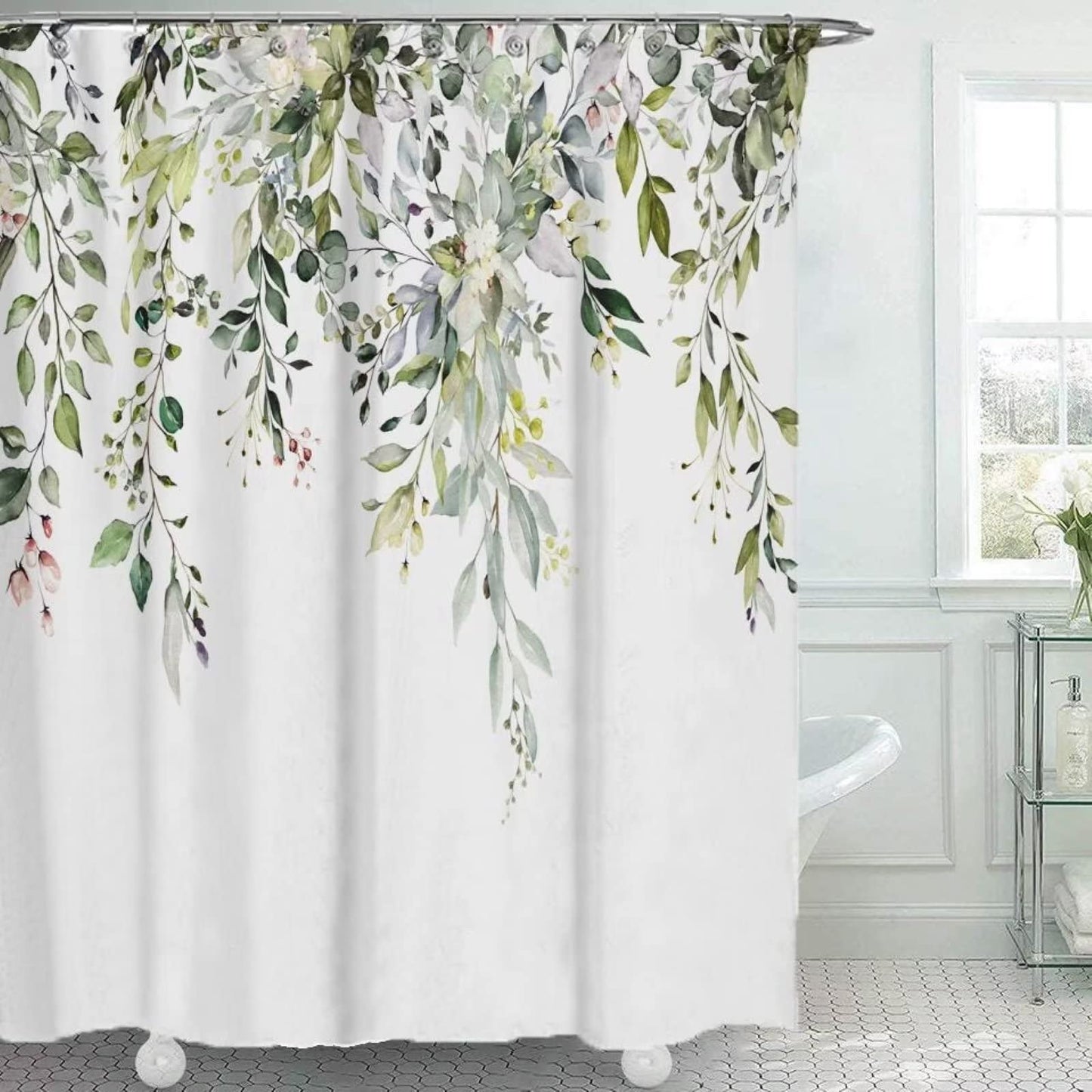 Ezmine Floral Shower Curtain Waterproof Plant Bathroom Decoration Leaves Washable Bathroom Curtain Decor Quick-Drying Shower Curtain with 12 Hooks