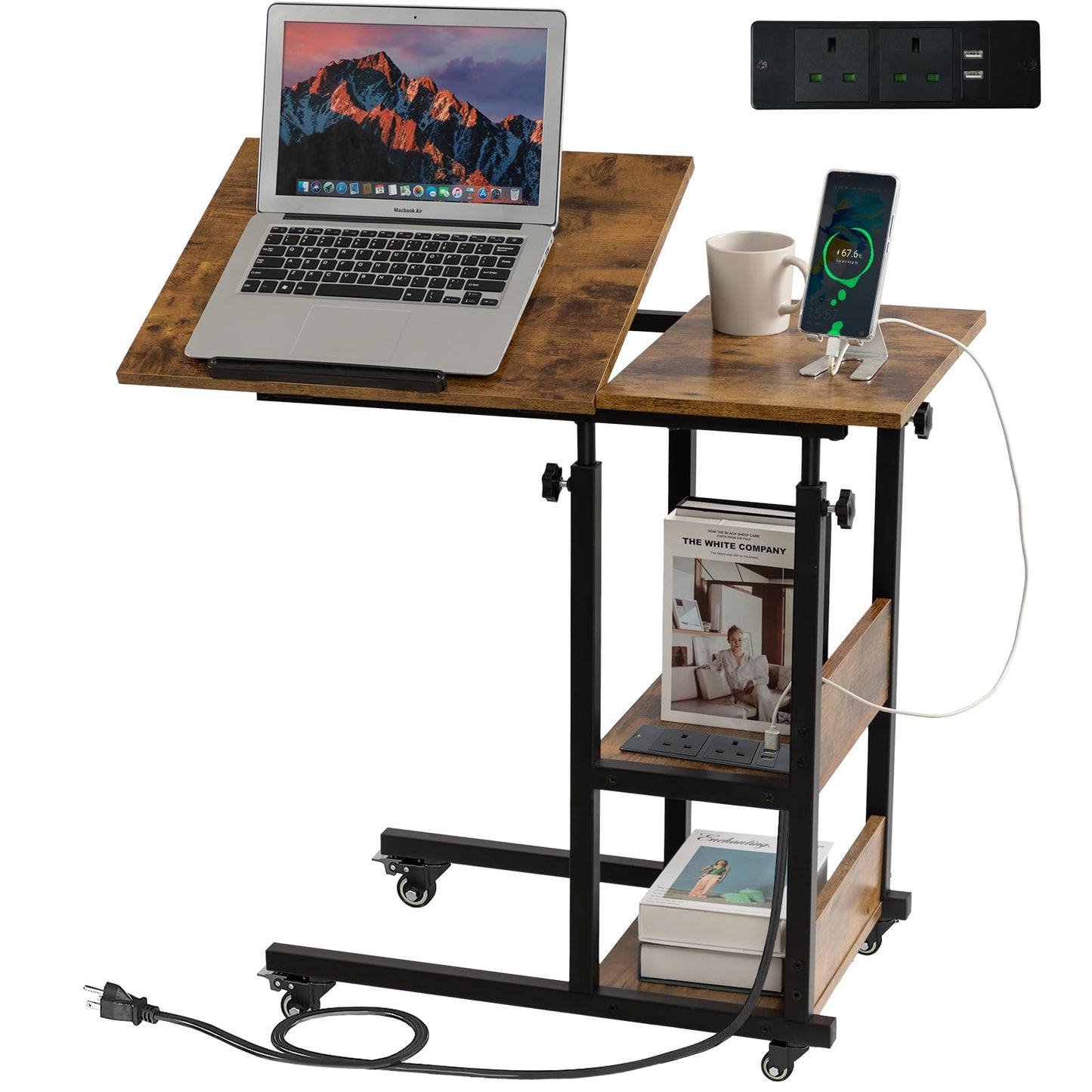 Hadulcet c shaped side table, sofa table with Charging Station, Adjustable Height, c table end table with Storage Space for Living Room, Bedroom