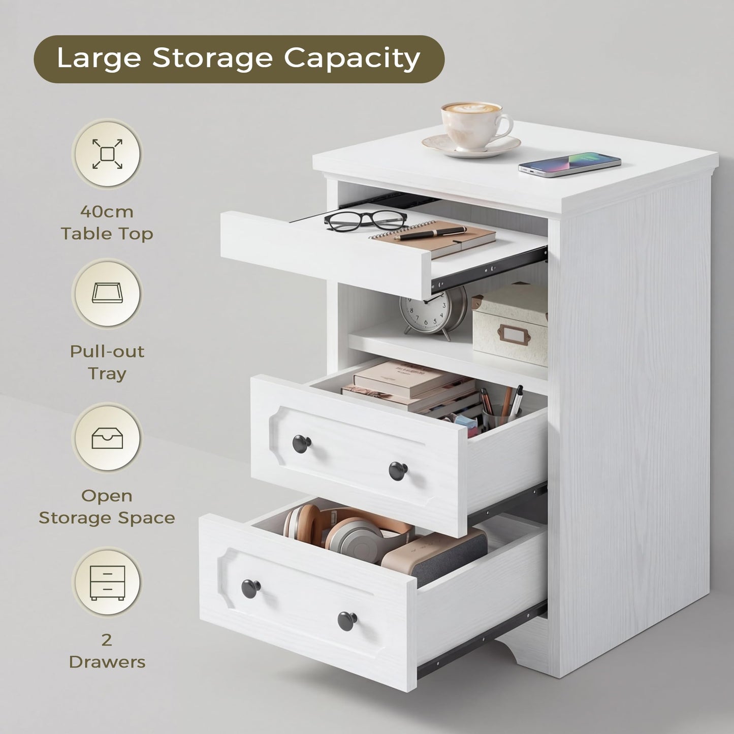 IRONCK Bedside Table with 2 Drawers, Modern Nightstand with Open Shelf, End Table with Pull-Out Tray for Bedroom, Living Room, White
