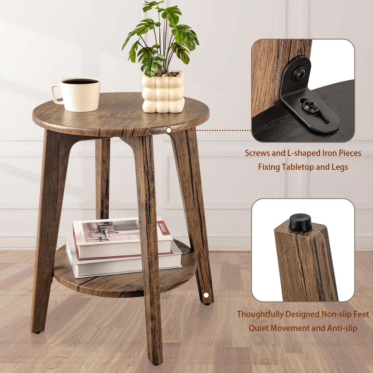 FEUFOAM Round End Table 2 Tier Wooden Side Tables with Storage Shelf Modern Nightstand Bedside Table for Small Spaces, Living Room