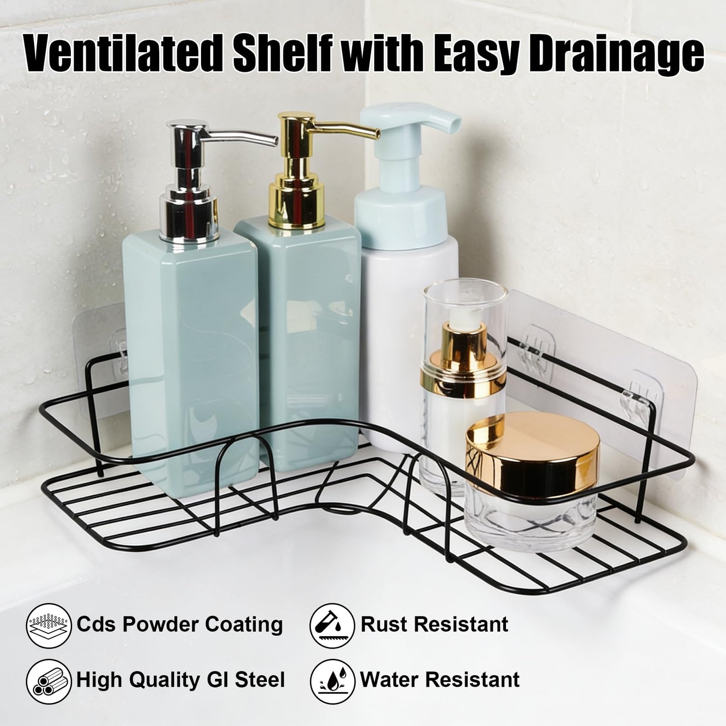 Plliocse 2 Pack Corner Shower Caddy, Wall-Mounted Shower Corner Shelves with 8 Adhesive Hooks, Rustproof Bathroom Shelf Storage No Drilling