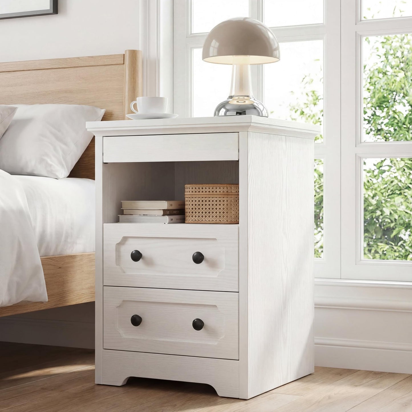 IRONCK Bedside Table with 2 Drawers, Modern Nightstand with Open Shelf, End Table with Pull-Out Tray for Bedroom, Living Room, White