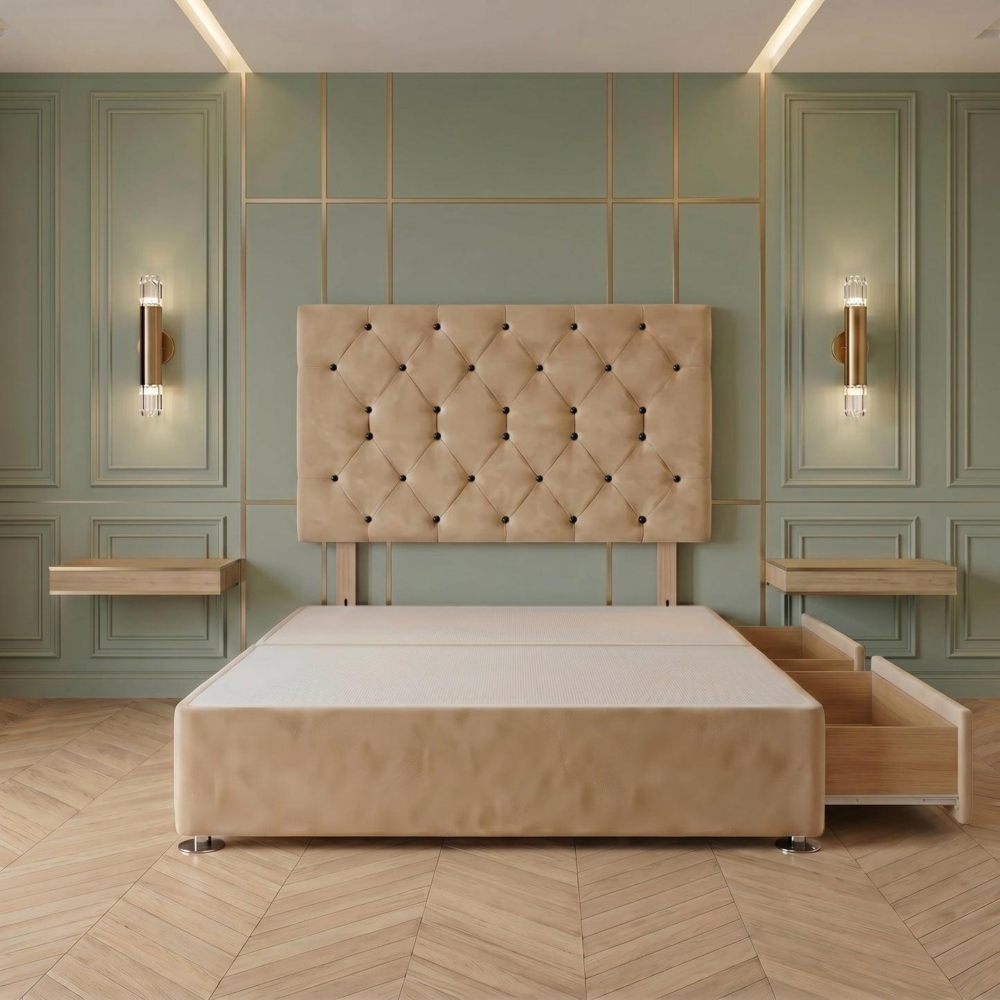 Bed Centre Premier Divan Base with 2 Drawers and Matching Headboard - Available in Multiple Fabrics and Colours (3FT Single, Plush Beige)