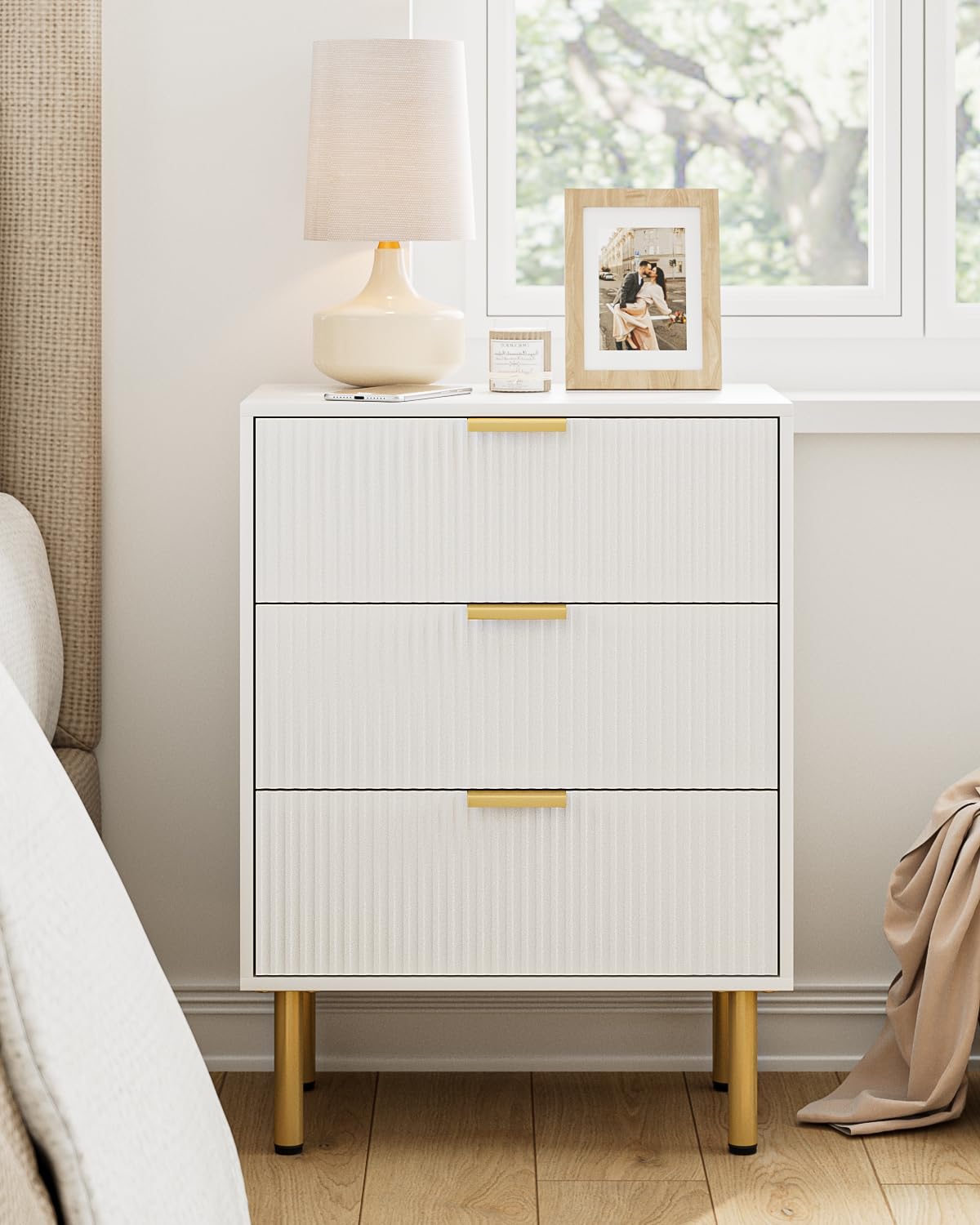 Apetaccat Bedside Table with 3 Drawers, Modern Bedside Cabniet with Metal Legs, Fluted Nightstand, Side Table for Bedroom, Living Room, Office
