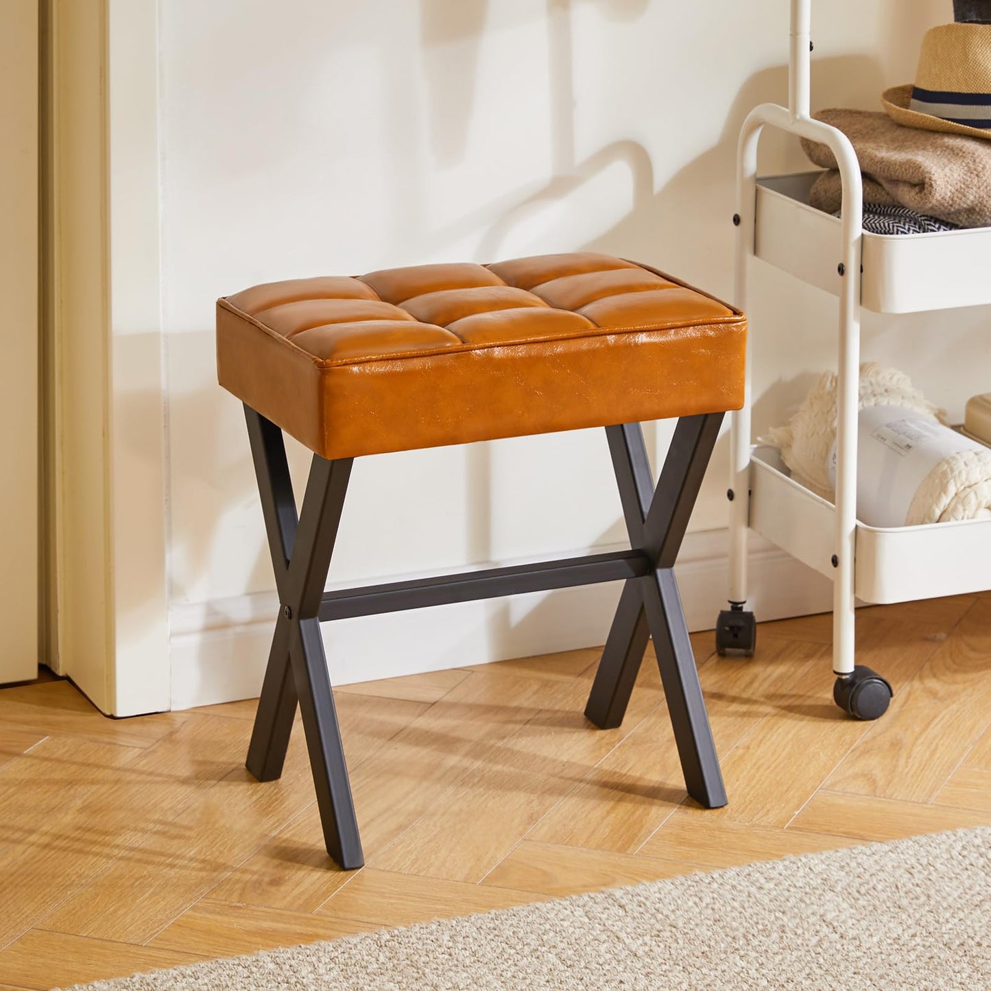 IBUYKE Square Makeup Stool with X-Leg, PU Vanity Chair, Light Brown L/G-71J