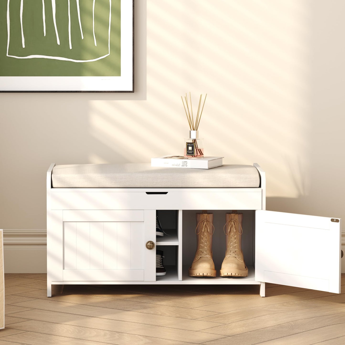 HOME BI Shoe Bench, Storage Bench with Padded Seat Cushion, Bench with 2-Door Storage Cabinets,Shoe Cabinet for for Entry, Bedroom, Cloakroom