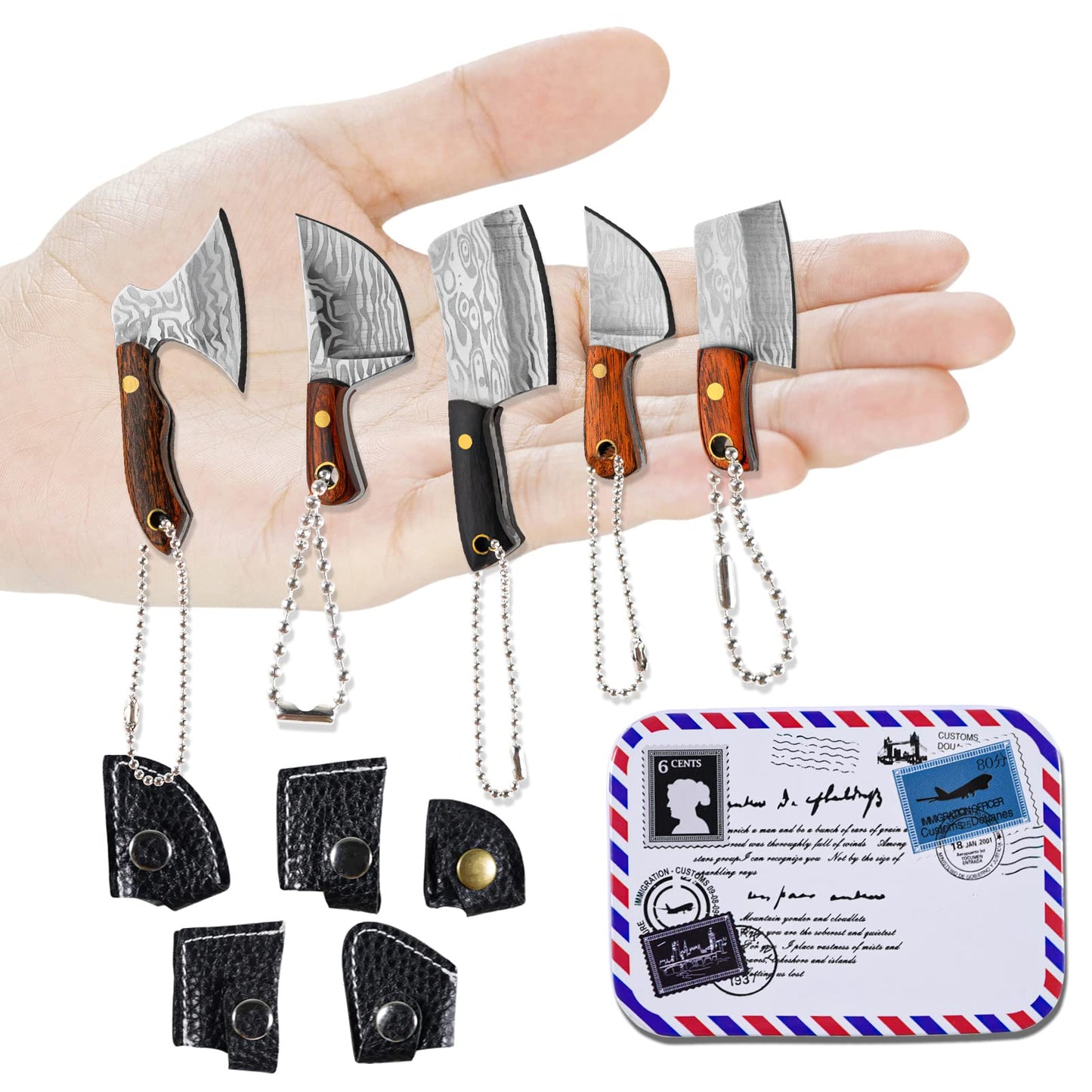 NAESM 5 Pcs Mini Knife Set, EDC Knife Set, Tiny Damascus Chef Knives Keychains, Sharp Tool Used for Decoration Buckle and Express Cutting