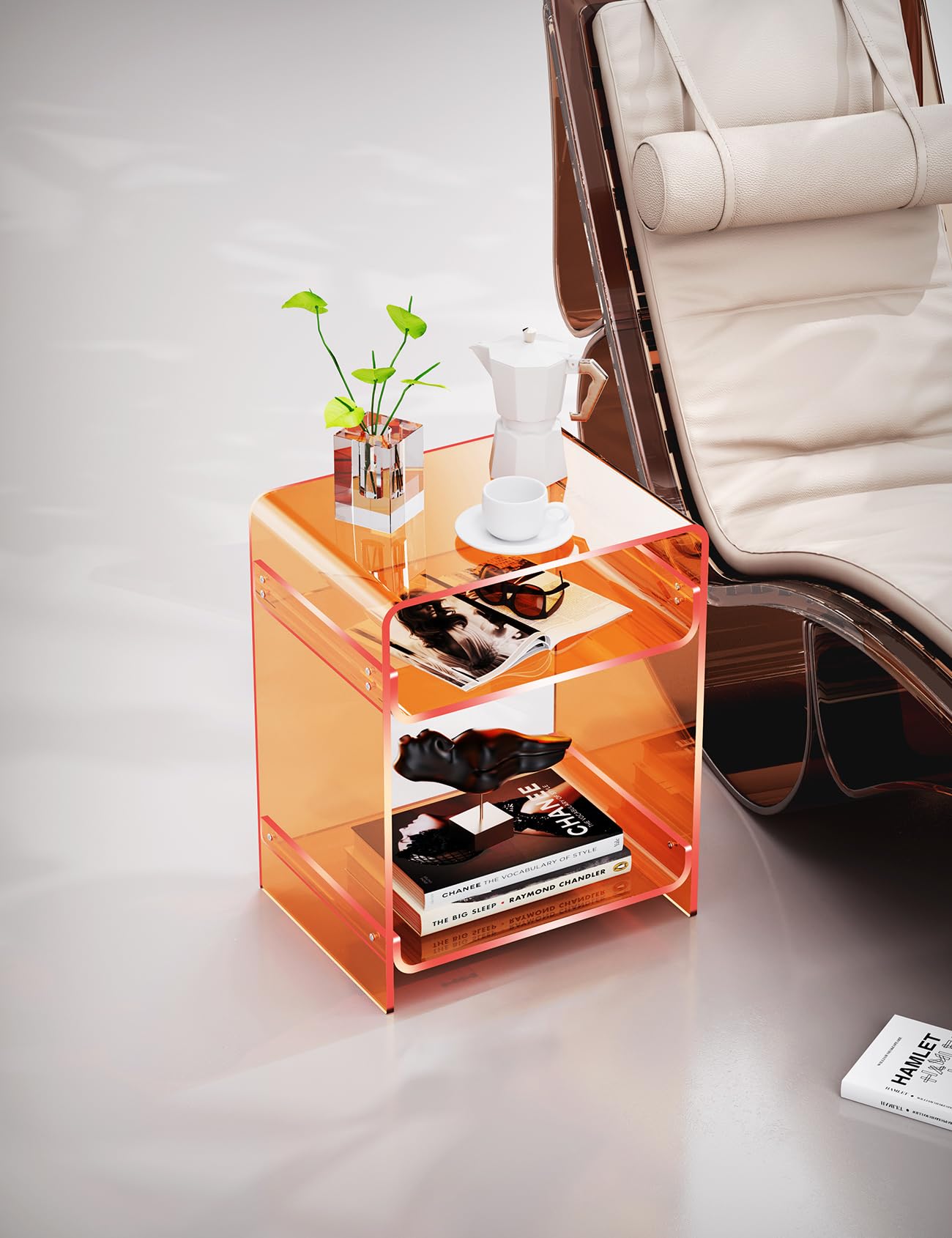 Acrylic End Table with Storage Shelf, Clear Side Table, Record Player Table, Nightstand, 15.7x19.7x11.8 (Orange, 40×30×50 cm)