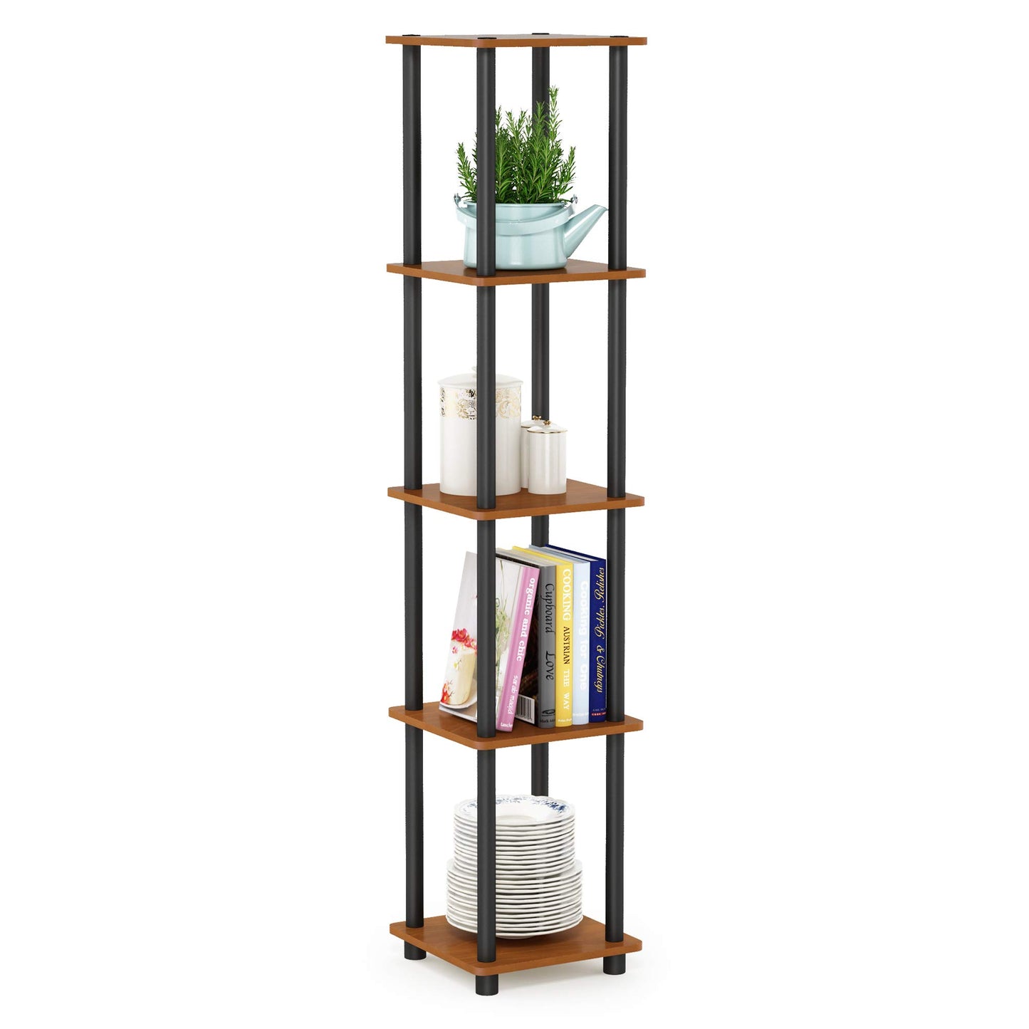Furinno TURN-N-TUBE Storage Shelves, 5-Tier Square Book Shelf, Corner Shelf, Toolless Open Shelves, Round Tubes, for Organization and Storage
