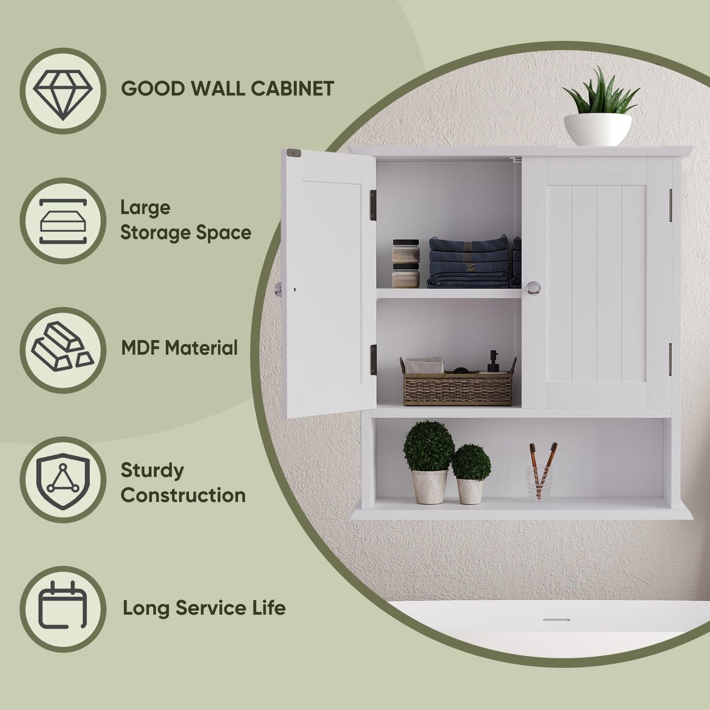 Smuxee White Bathroom Cabinet Wall Mounted, Small Bathroom Medicine Cabinet with 2 Door Adjustable Shelves
