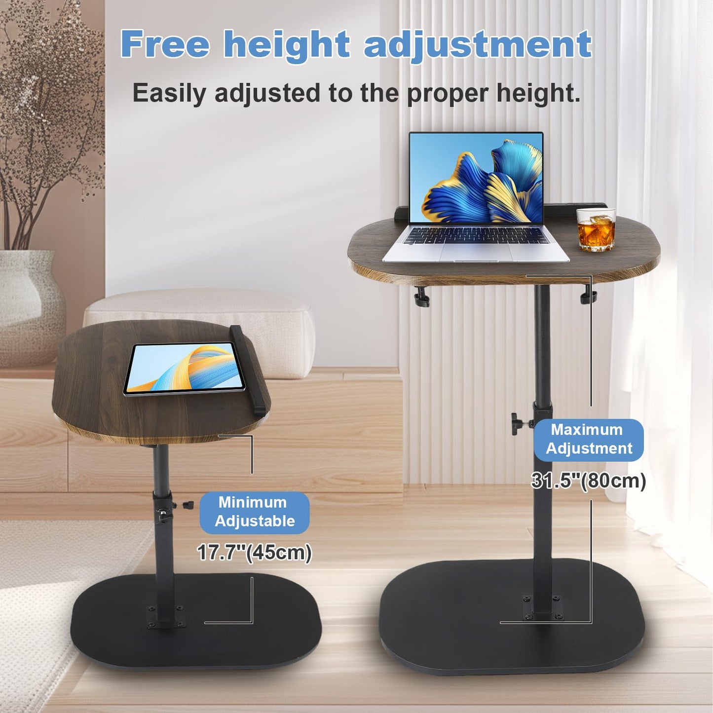 YYW Side Table TV Tray for Couch, Height Adjustable 360° Swivel Walnut