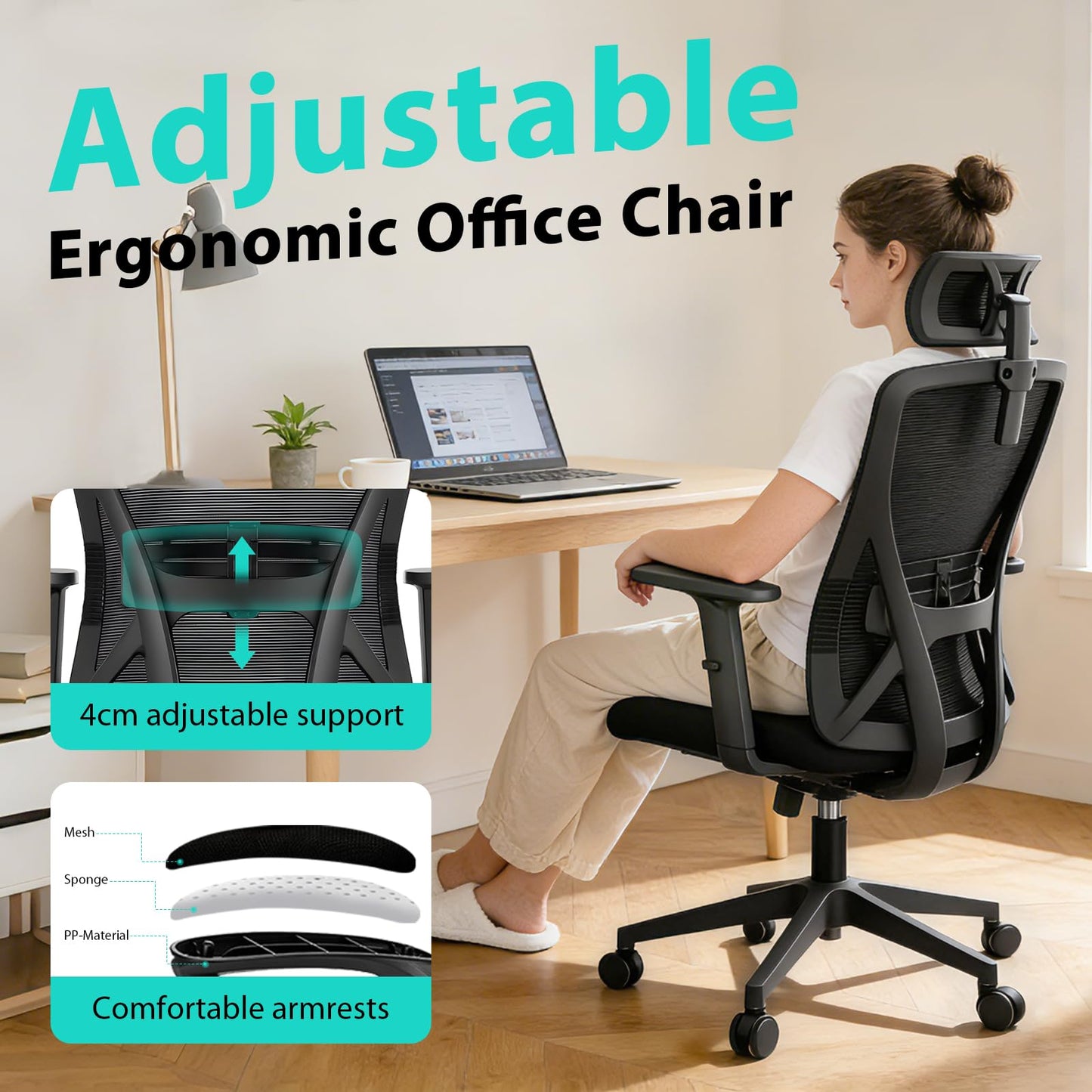 Durrafy Ergonomic Office Chair, Desk Chair with Adjustable Lumbar Headrest and Armrest, Office Chairs Support up to 150 kg