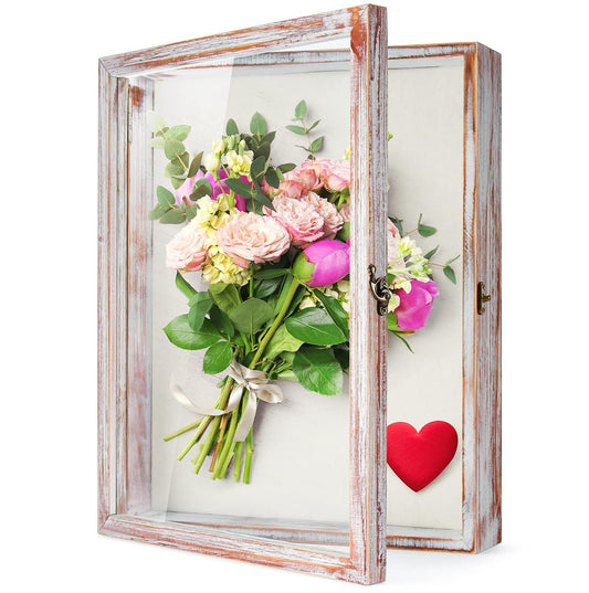 TJ.MOREE Flowers Shadow Box Display Case 13 x 16 Vintage Large Frame With Glass Window Door - Farmhouse Deep Picture Frame for Wedding Bouquet,