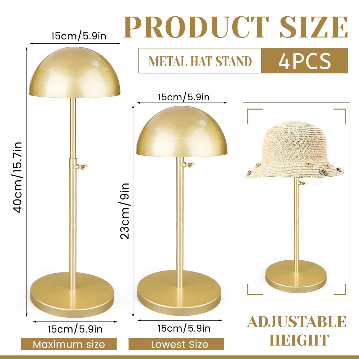 Lucxhcky 4PCS Hat Display Stand, Adjustable Hat Stands for Display 9.1-15.7 in, Hat Organizer for Closet, Metal Wig Holder for Hat Storage