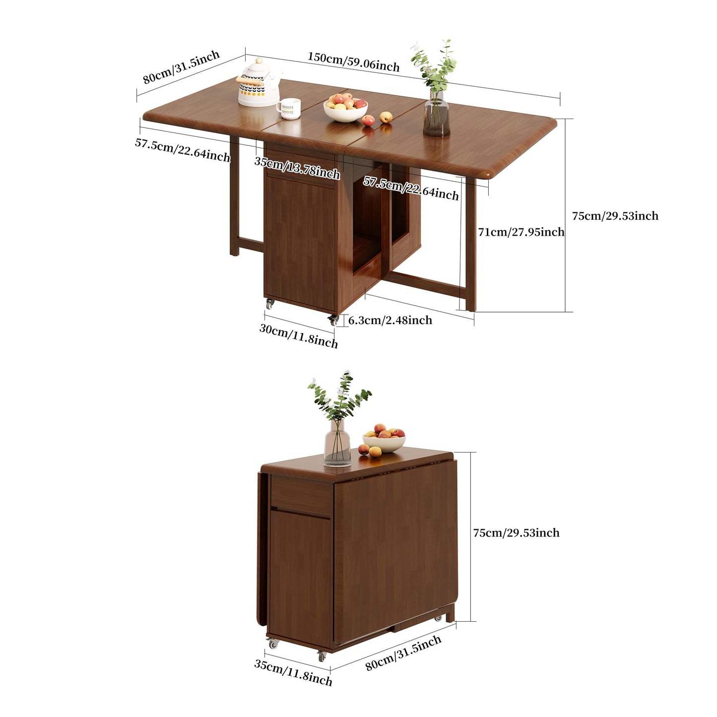 GildedGrove Walnut Foldable Dining Table Retro Design, Mobile on Casters with Storage Compartment, Space-Saving 1.3/1.5 Metre Long Table for Kitchen