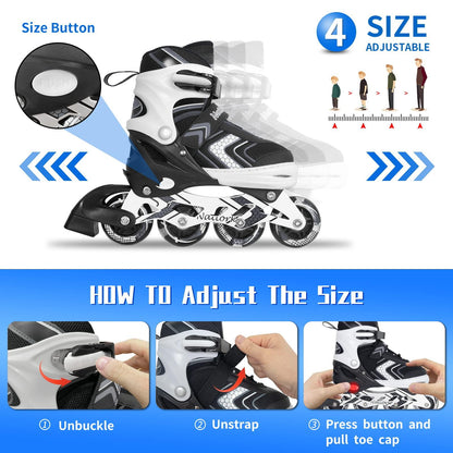 Nattork Roller Skates for Boys with Full Light up Wheels, Adjustable Beginner Inline Skates for Big Kids, Black, Size 1 2 3