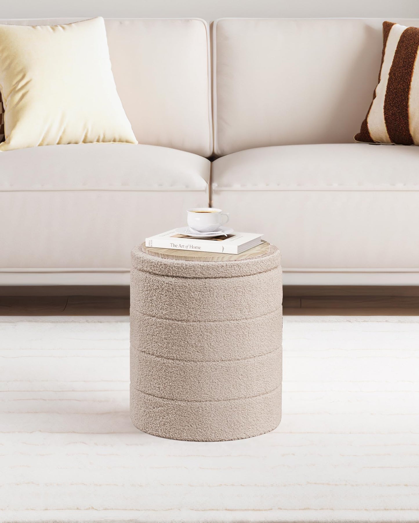 PINPLUS Round Ottoman Storage, Convertible Table, Beige, 37x37x45 cm