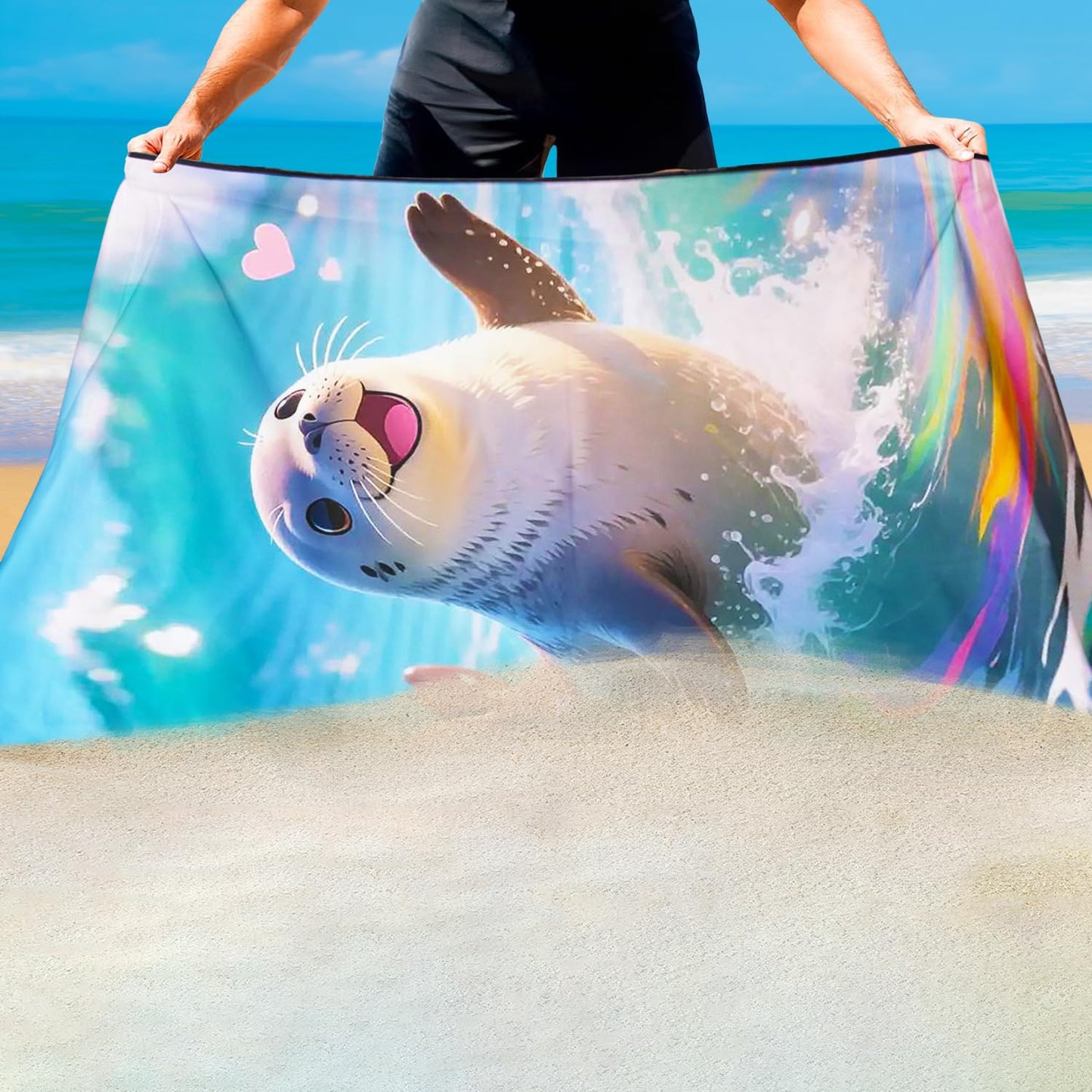 Violetpos Rainbow Wave Seal Beach Towel, Extra Large 180x90 cm 250GSM Microfibre, Sand Free Quick Dry