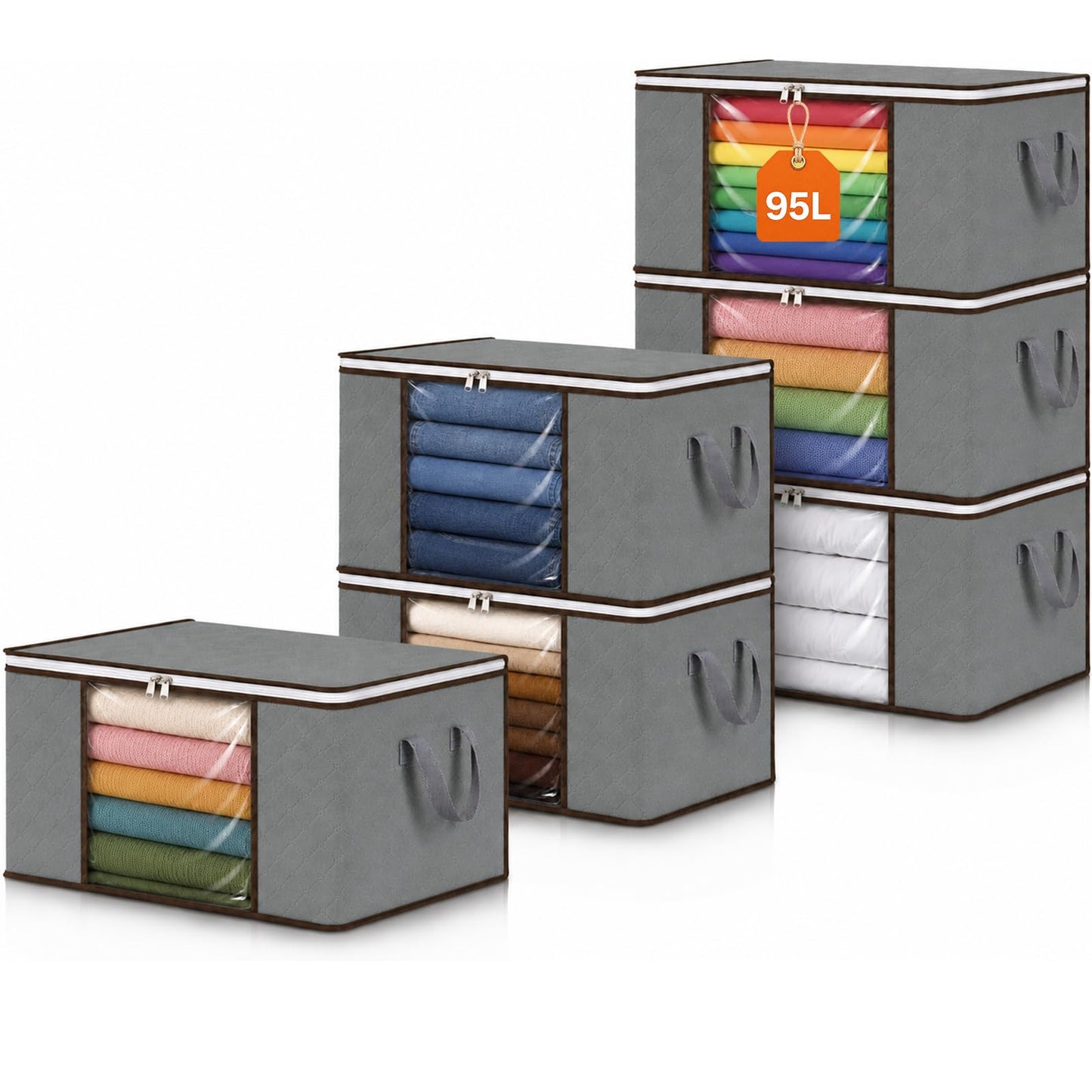RICHER HOUSE 95L Clothes Storage Bags, Foldable Storage Box with Lid,6 Pack